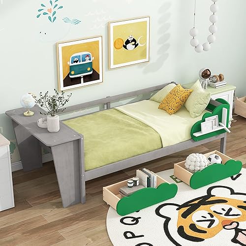 Merax Sofá cama individual con escritorio, cajones y estantes en forma de hoja verde, marco de cama de madera gris para niños