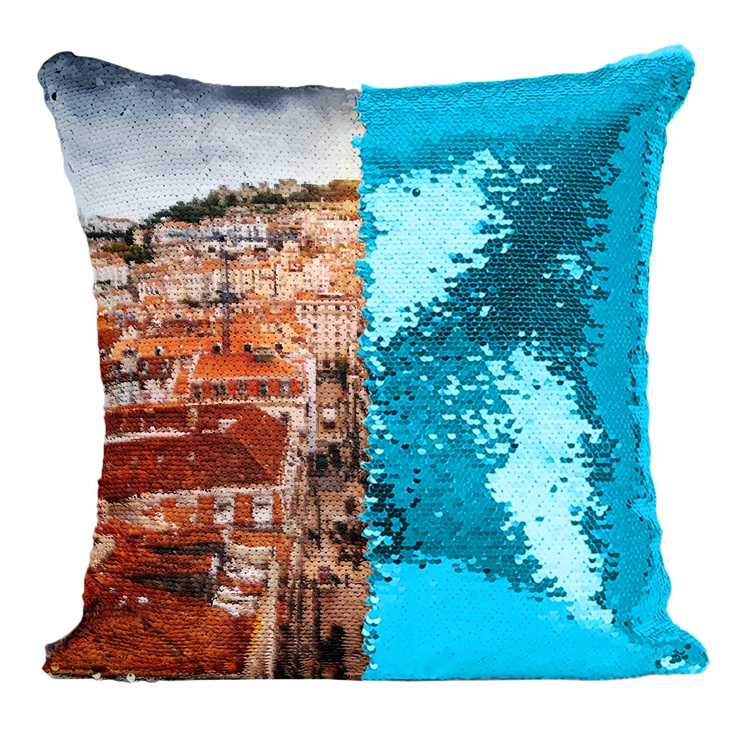Coussin à paillettes turquoise, une idée cadeau déco originale et chic