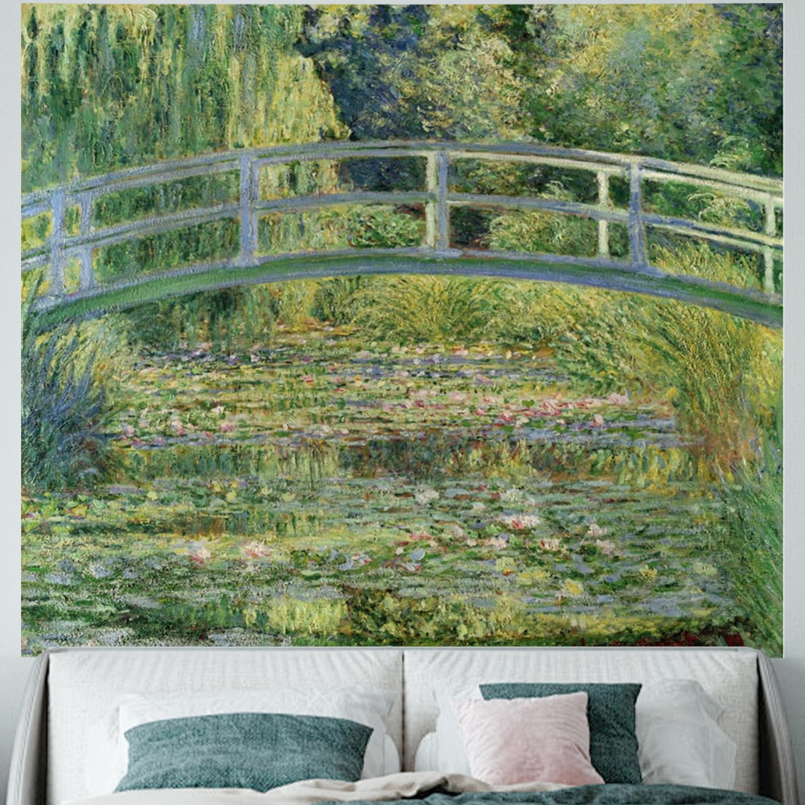 Honcet Green Japanese Monet Tapestry for Bedroom, Vintage Nature Floral Art Tapestry, Retro Water Lilies and Japanese Bridge Tapestries, Classical Art Wall Tapestry for Living Room Dorm 51" X 60"