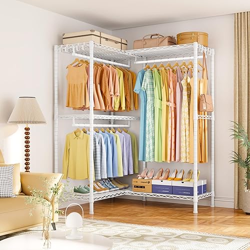 Miniatura 8 de E15 - Perchero en forma de L para esquina, perchero independiente para colgar ropa, organizador de armario resistente con 4 varillas para colgar y 8