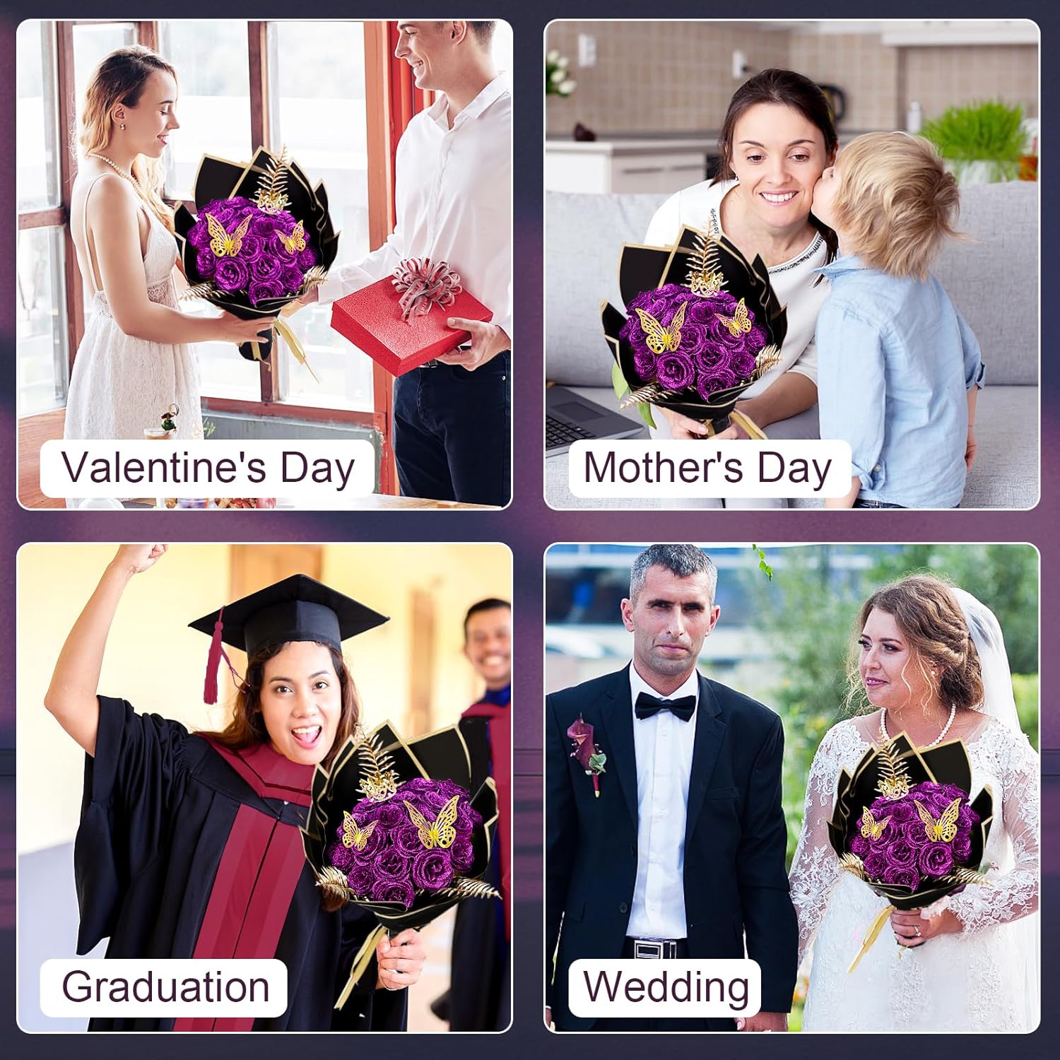 Glitter Flower Roses Bouquet - 24 Pack DIY Fake Shiny Rose with Stems Eternal Floral for Elegance Wedding Bouquet Anniversary Birthday, Valentine's Day, Mother's Day, Love Gift- Purple - Image 4