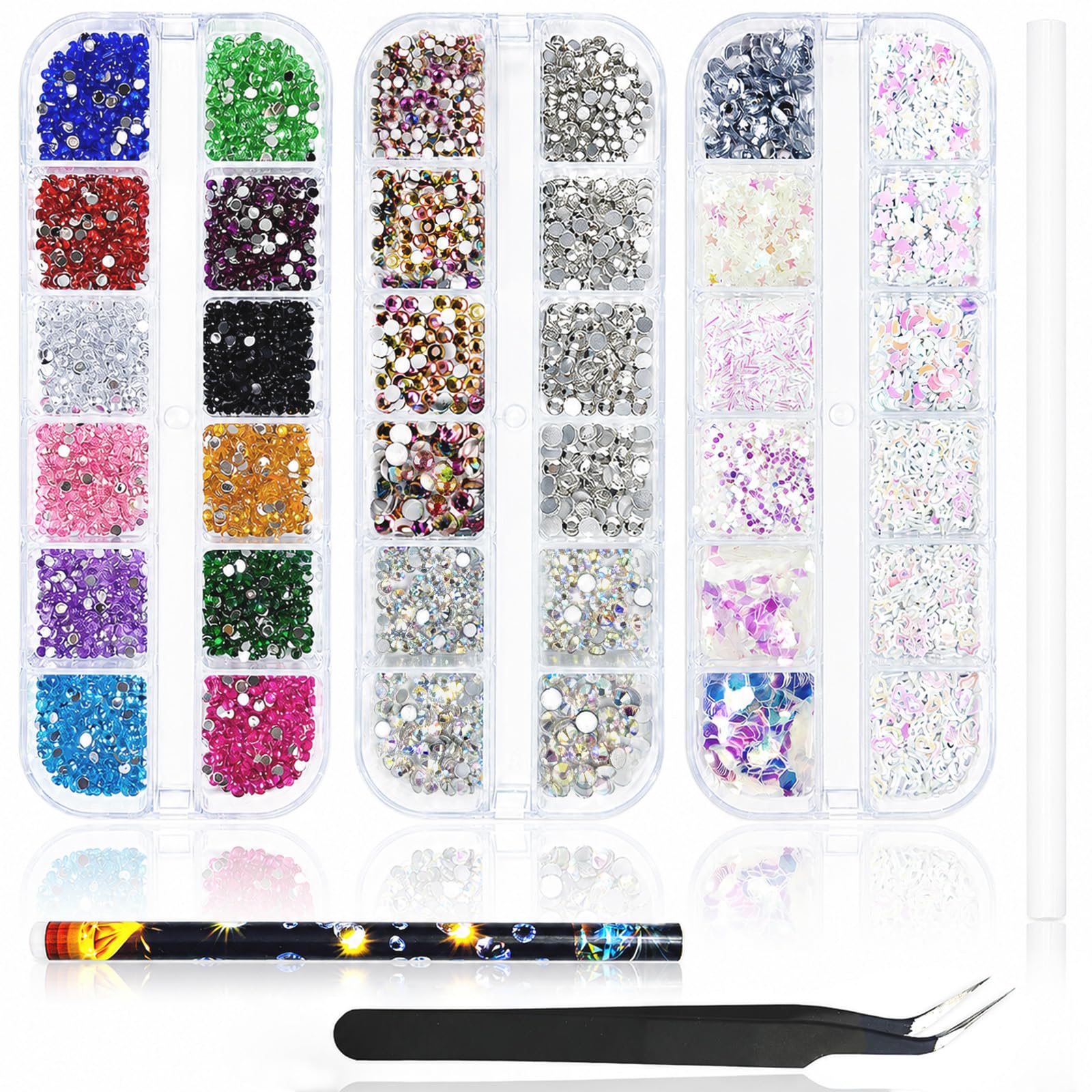 5800+ Strass pour Ongles Set, Paillettes Multicolores, Strass AB Effet, Cristal pour Nail Art, Pinces et Stylet à Strass Inclus, pour Décoration d'Ongles, DIY, Bricolage