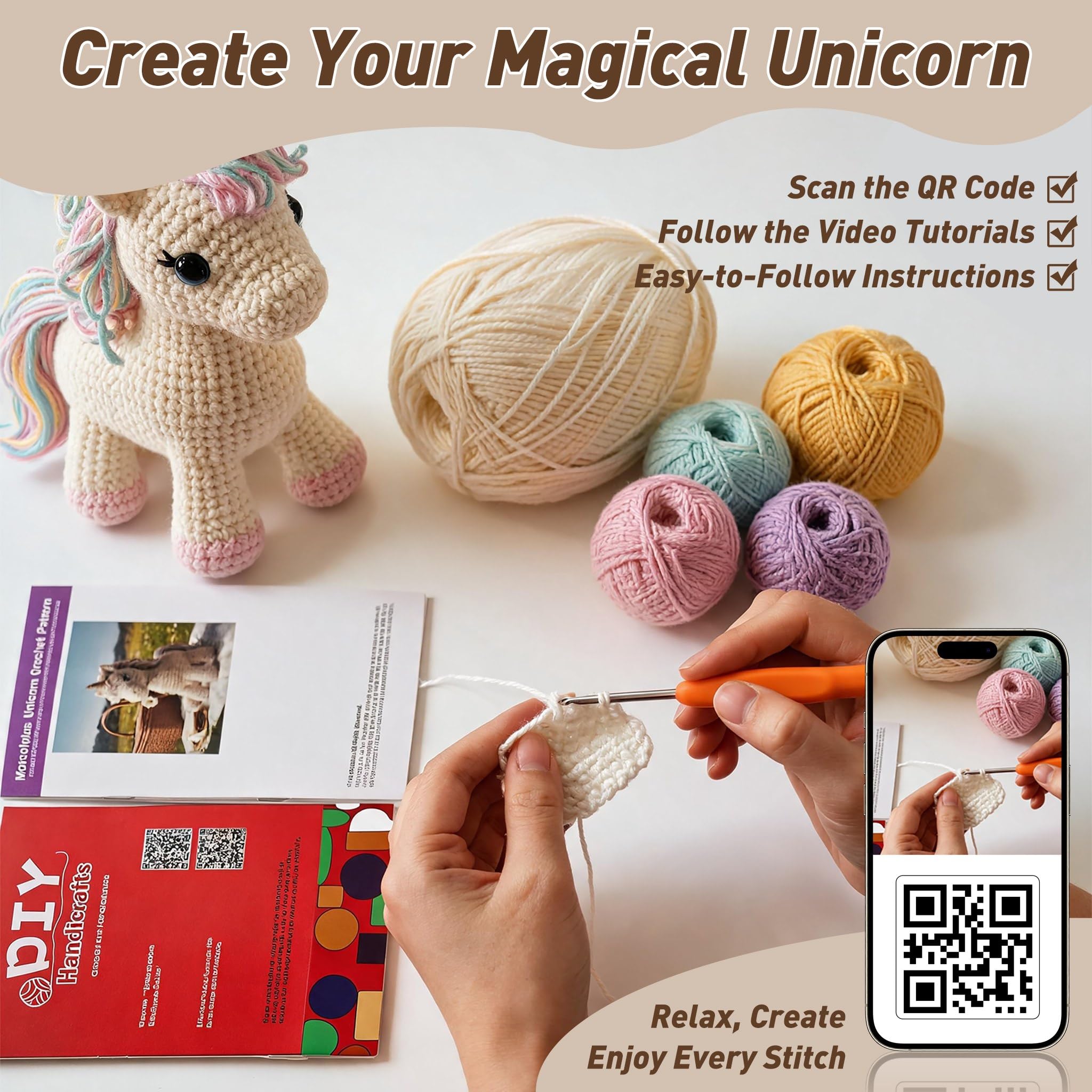 Morcolplus Kit de ganchillo de unicornio para principiantes y adultos, bonito kit de iniciación de ganchillo de unicornio amigurumi mágico con tutoriales en video y todos los materiales incluidos