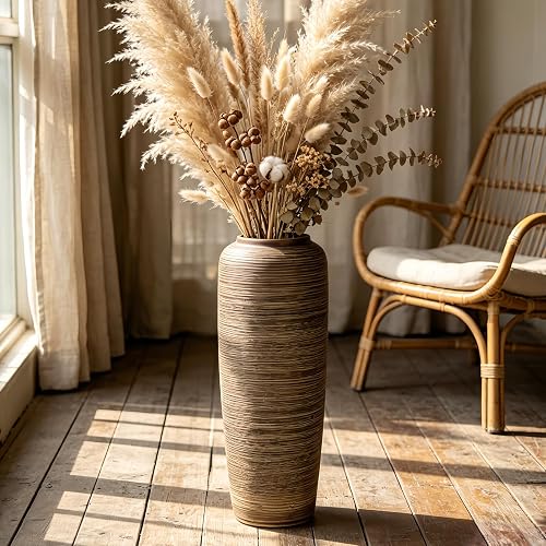 Brown Rustic Ceramic Floor Vase, 19.7 Inch, Ribbed Texture | Living Room, Entryway, Fireplace, Pampas Grass, Dried Branches