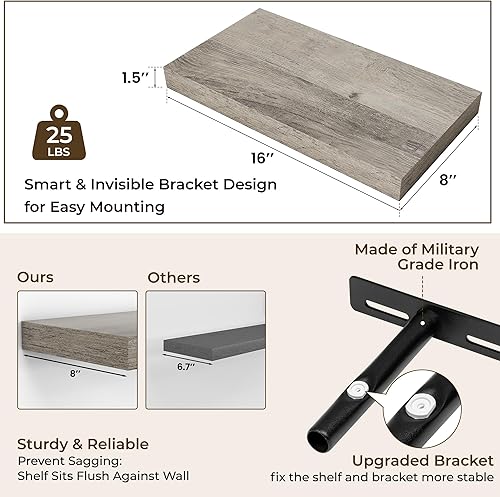 Miniatura 3 de RICHFOCUS Estantes flotantes de 16 pulgadas para pared, paquete de 2 estantes para dormitorio, cocina, baño, estante flotante de madera rústica con