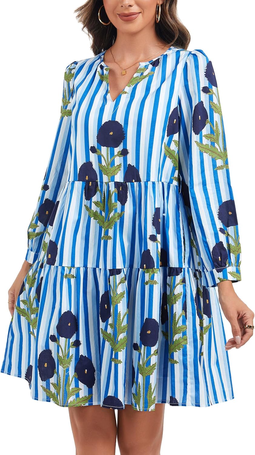 Kormei Womens Fall Floral Long Sleeve Mini Dress Casual A line Tired Flowy Boho Party Babydoll Short Dresses with Pocket - Image 4