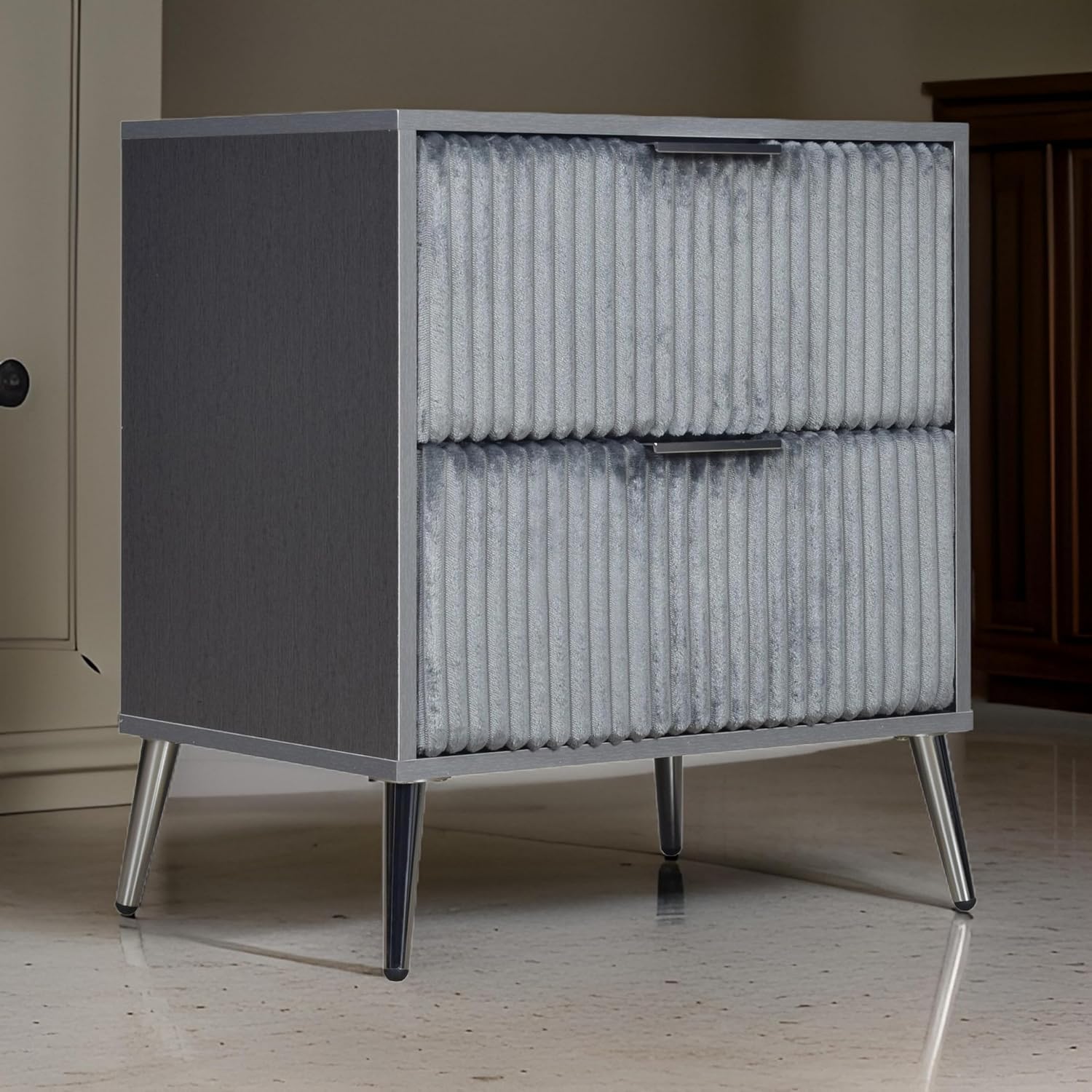 Benjara Moko 26" Nightstand- 2 Ribbed Soft Upholstered Drawers- Smooth Gray