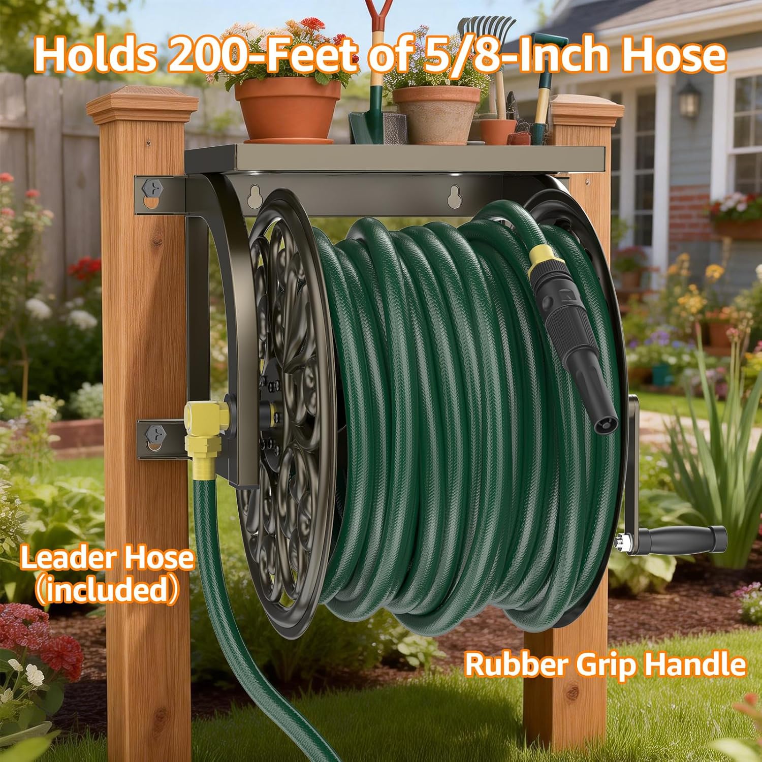 GOFORWILD Garden Wall Mount Hose Reel, Decorative Hose Reel, Garden Heavy-Duty Water Hose Holder Winder, Holds 200-Feet of 5/8-Inch Hose 7213