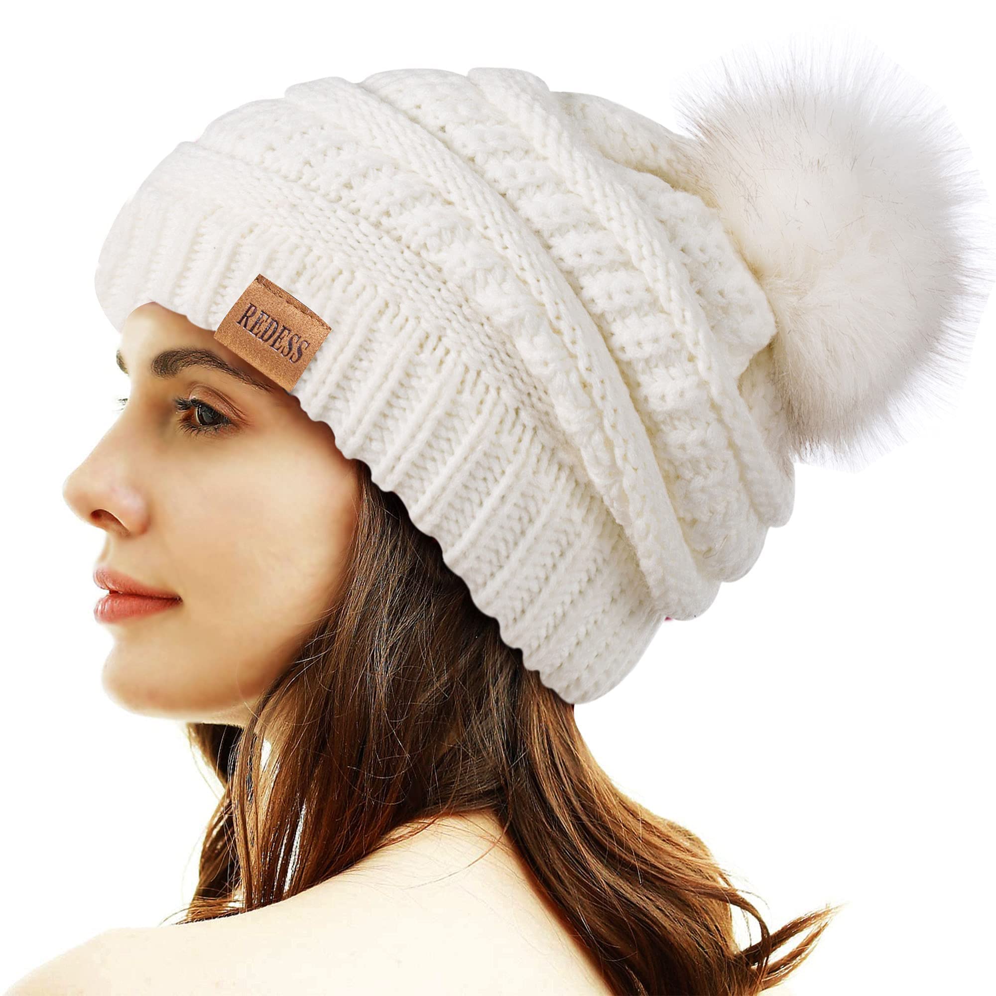 REDESS Cappello Invernale da Donna con Pom Pom Beanie Caldo Foderato in Pile Spesso Slouchy Snow Knit Chunky Baggy Skull Berretto da Sci