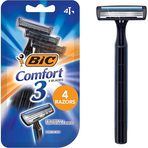BIC Comfort 3 Disposable Razors for Men, Perfect Razors For a Smooth and Comfortable Shave, 4 Disposable Razors With 3 Blades, 4 Count Shaving Kit