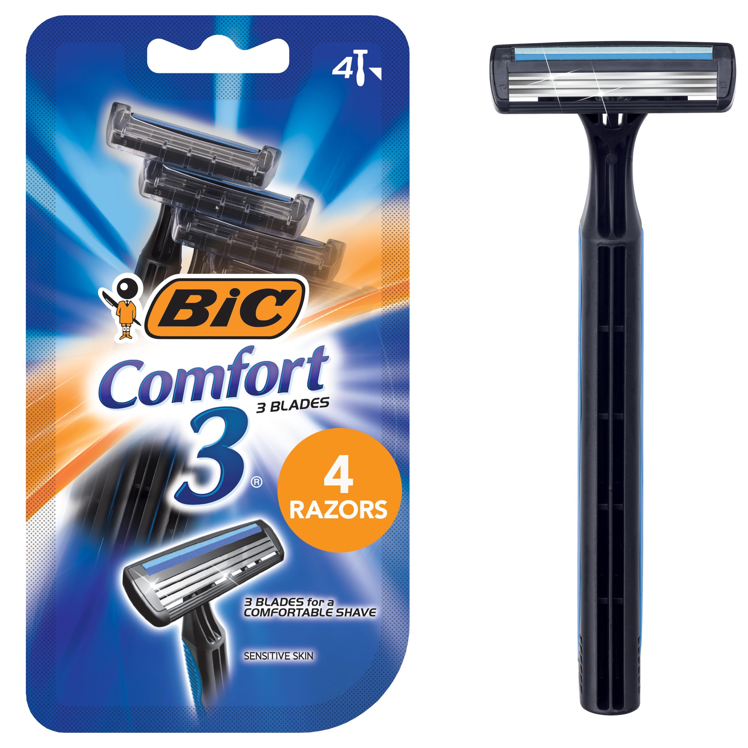 BIC Comfort 3 Disposable Razors for Men, Perfect Razors For a Smooth and Comfortable Shave, 4 Disposable Razors With 3 Blades, 4 Count Shaving Kit