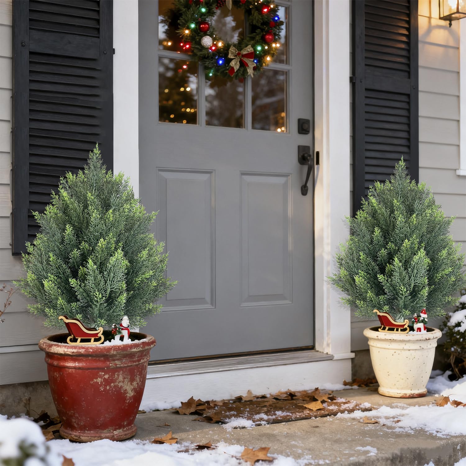 28inch Artificial Topiary Tree Set of 4 Beautiful Realistic Faux Cedar Pines Christmas Trees UV Rated Fake Shrubs for Front Porch Faux Plants Indoor and Outdoor Decor