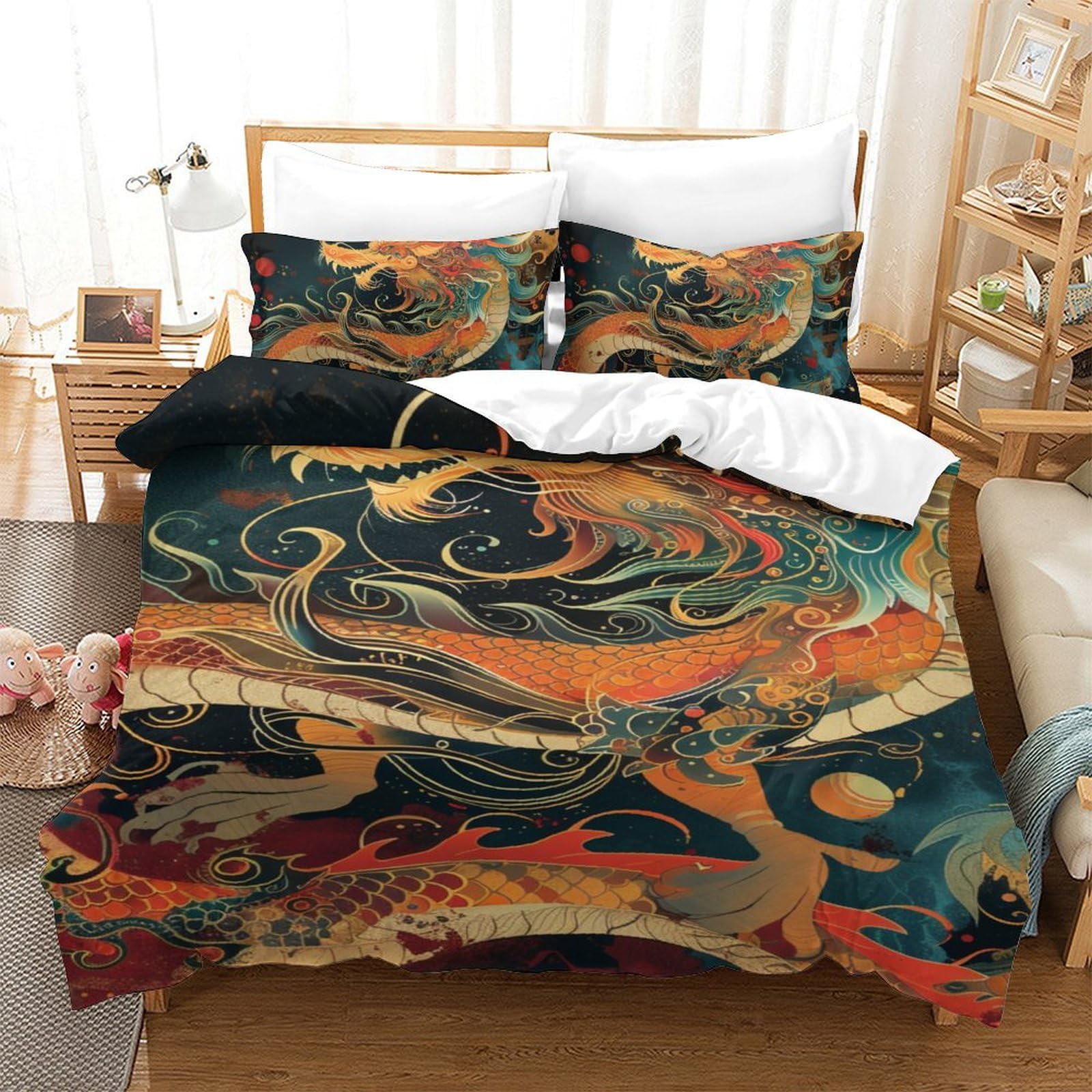 Housse de couette dragon 3D 140x200 cm avec taies en microfibre pour lit enfant single