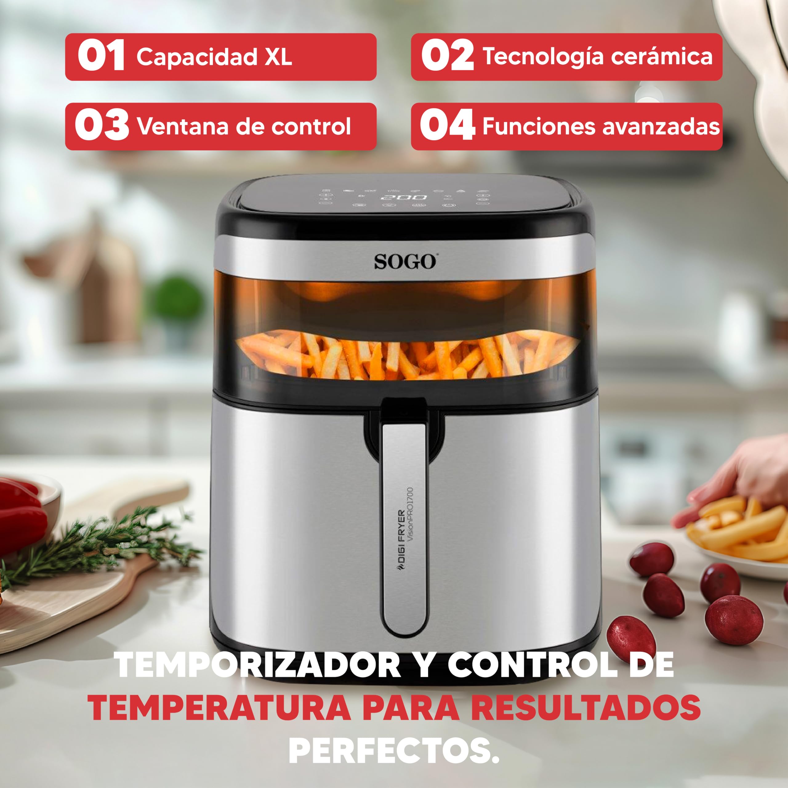 SOGO Freidora de Aire 10L sin Aceite con Pantalla Táctil LED y 10 Funciones - Air Fryer Digital con Cesta Cerámica Antiadherente y Ventana de Visión - Freidora Aire Grande para Cocina Saludable