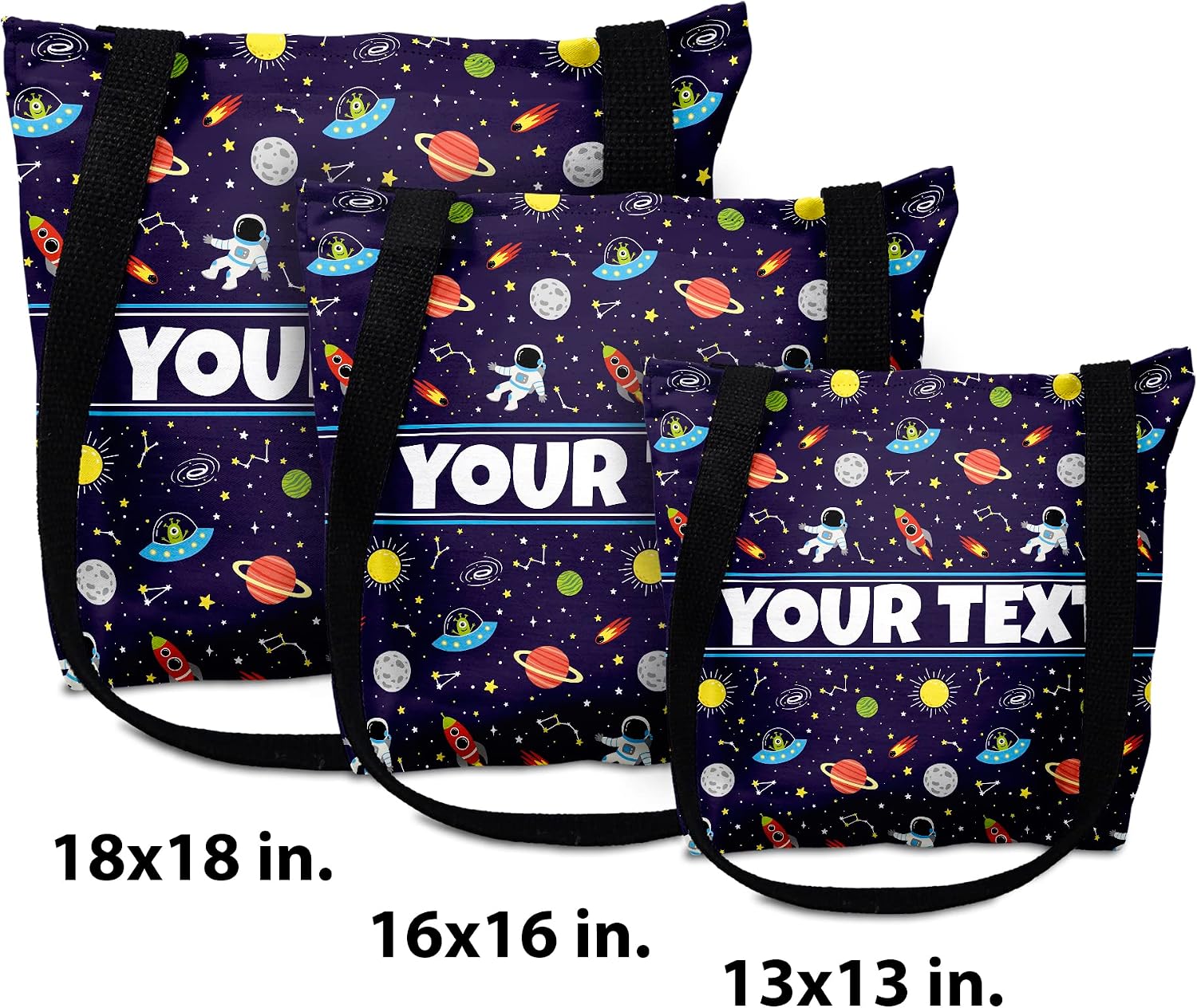 Personalized Tote Bag - Outer Space, Custom Name/Text, Reusable w/Straps, Canvas Cloth Fabric, Customized Gift Idea, Birthday/Christmas/Holiday Present, 18x18