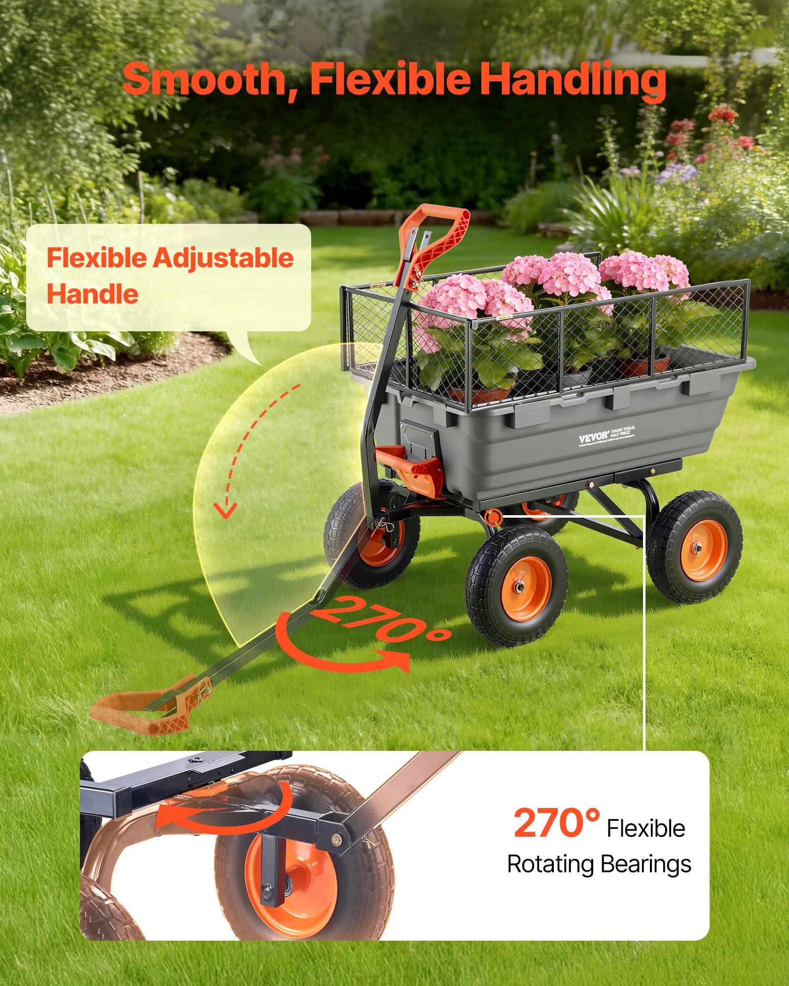 VEVOR Gartenwagen mit Kippfunktion, 544 kg Belastbarer Bollerwagen, 270° Drehbarer Transportwagen für Gartenarbeit aus Kunsttoff & Stahl mit 13 Zoll PU-Reifen & Metallzaun für Rasen, Kies & Schlamm