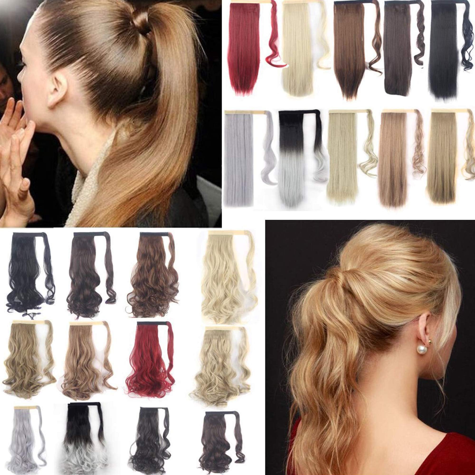 FLORATA 24" Clip in hair extensions Wrap Around Ponytail Long Straight Hairpiece for Women(Sandy Blonde Mix Bleach Blonde)