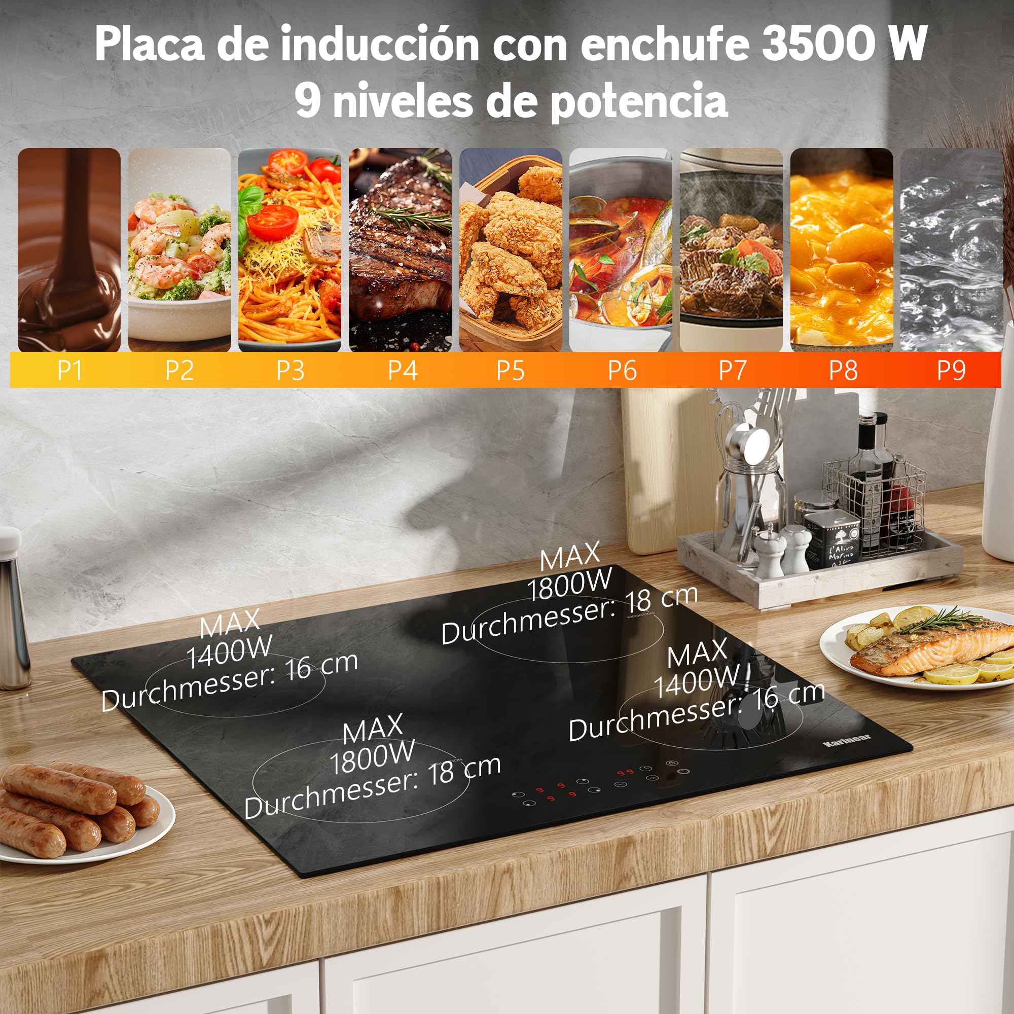 Karinear Placa de Induccion 4 Fuegos 60 CM con Enchufe, Inducción 3500 W