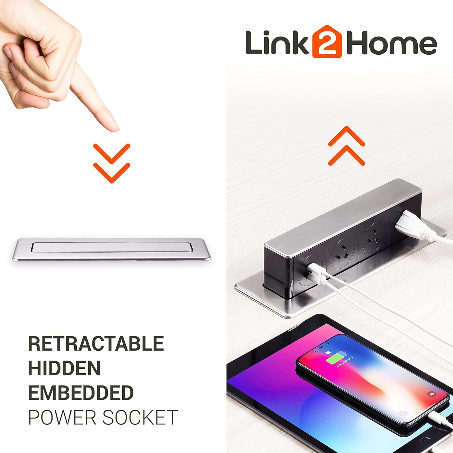 Hand pressing down on the retractable Link2Home Pop Up Socket, showing it hidden and then extended with devices charging.