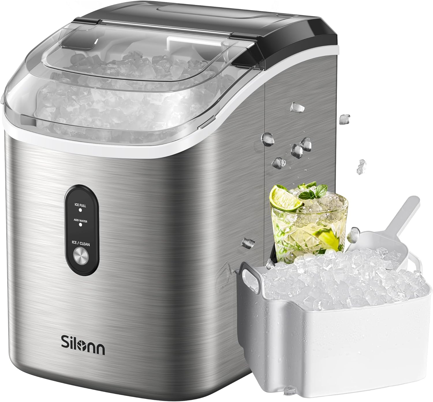 Nugget Countertop Ice Maker - Silonn Chewable Pellet Ice Machine with Self-Cleaning Function, 33lbs/24H, Ice Makers for Home Kitchen Office, Stainless Steel