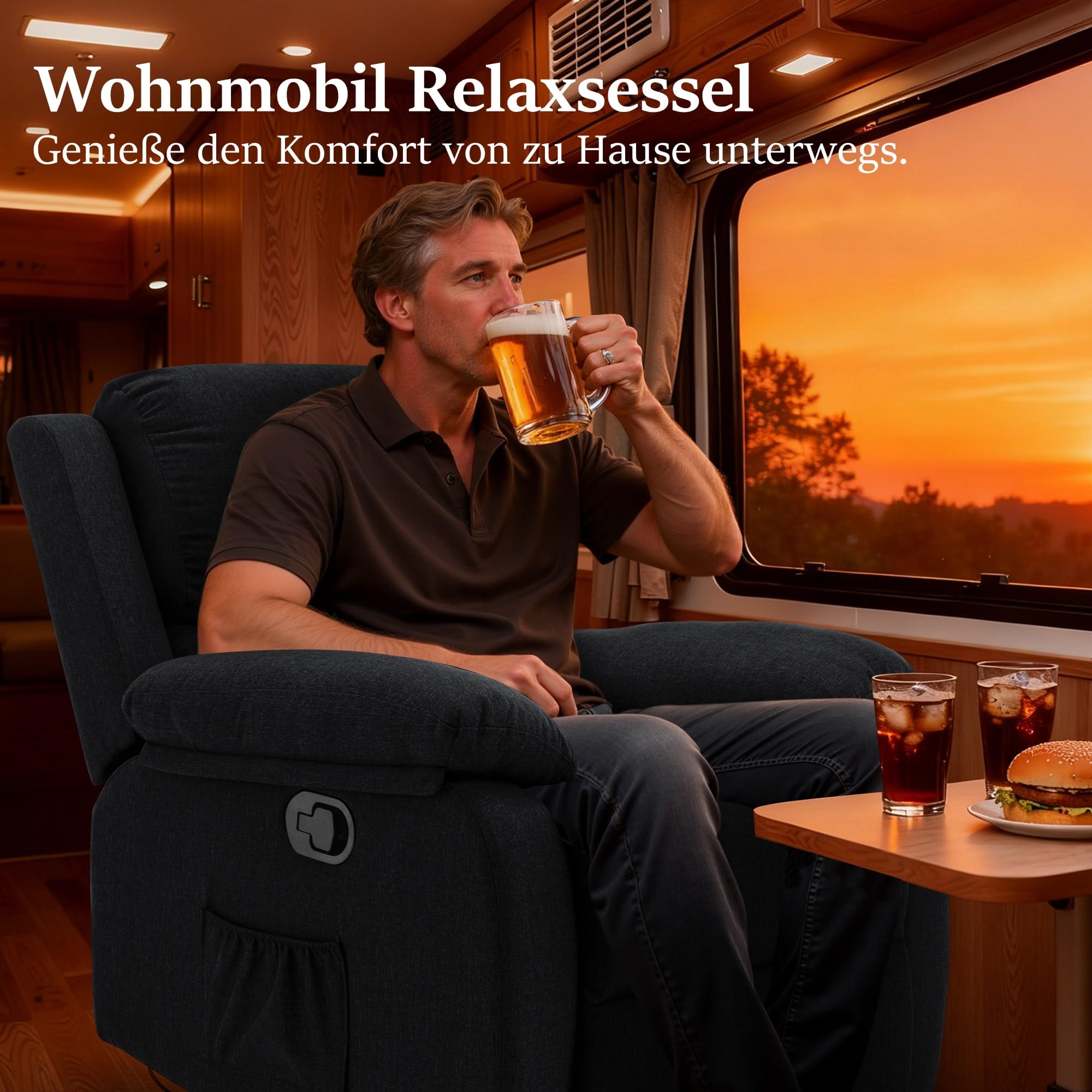 Korser Relaxsessel mit liegefunktion, 360° Drehbarer Massagesessel mit Wärmefunktion & Schaukelfunktion, Kompakter Manuell Verstellbarer Liegesessel, Gepolsterter Fernsehsessel für Wohnzimmer