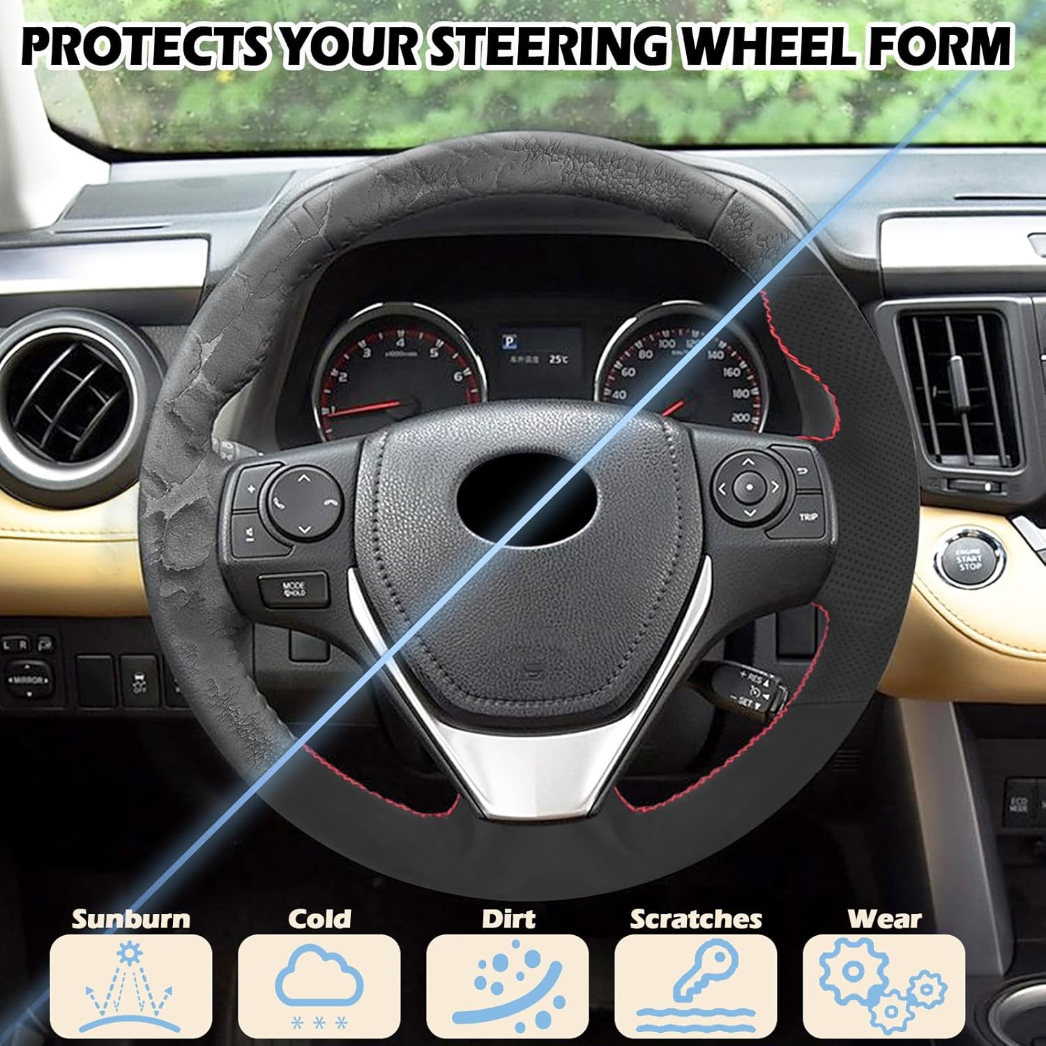 Microfiber Leather Hand Sewn Steering Wheel Cover Compatible with Toyota RAV4 2013-2018 Corolla 2014-2018 DIY Steering Wheel Protector On Wrap Interior Accessories