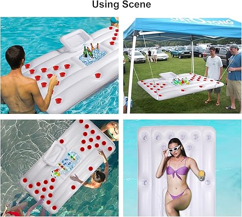 Miniatura 6 de Wodesid Mesa flotante de pong de cerveza de 6 pies, 28 portavasos, inflable para juegos de cerveza, juegos de piscina, flotador para fiesta de