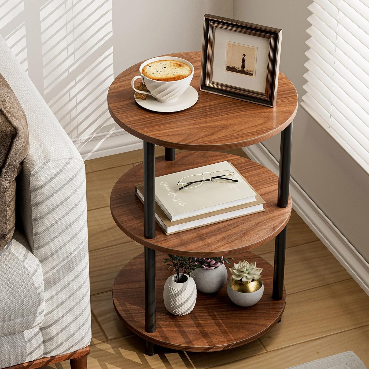 Small Round End Table - 3 Tier Design Accent Table, Narrow Side or Bedside Stand, Industrial Vintage Nightstand for Bedroom, Living Room, or Small Spaces, Rustic Walnut 1 Pack No Power Outlets Rustic Walnut