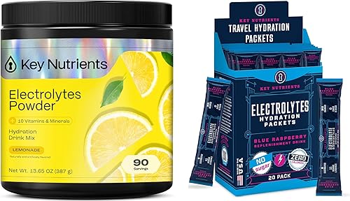 KEY NUTRIENTS Paquete de electrolitos en polvo sin azúcar - Polvo de electrolitos de limonada (90 porciones) + paquetes de electrolitos de frambuesa