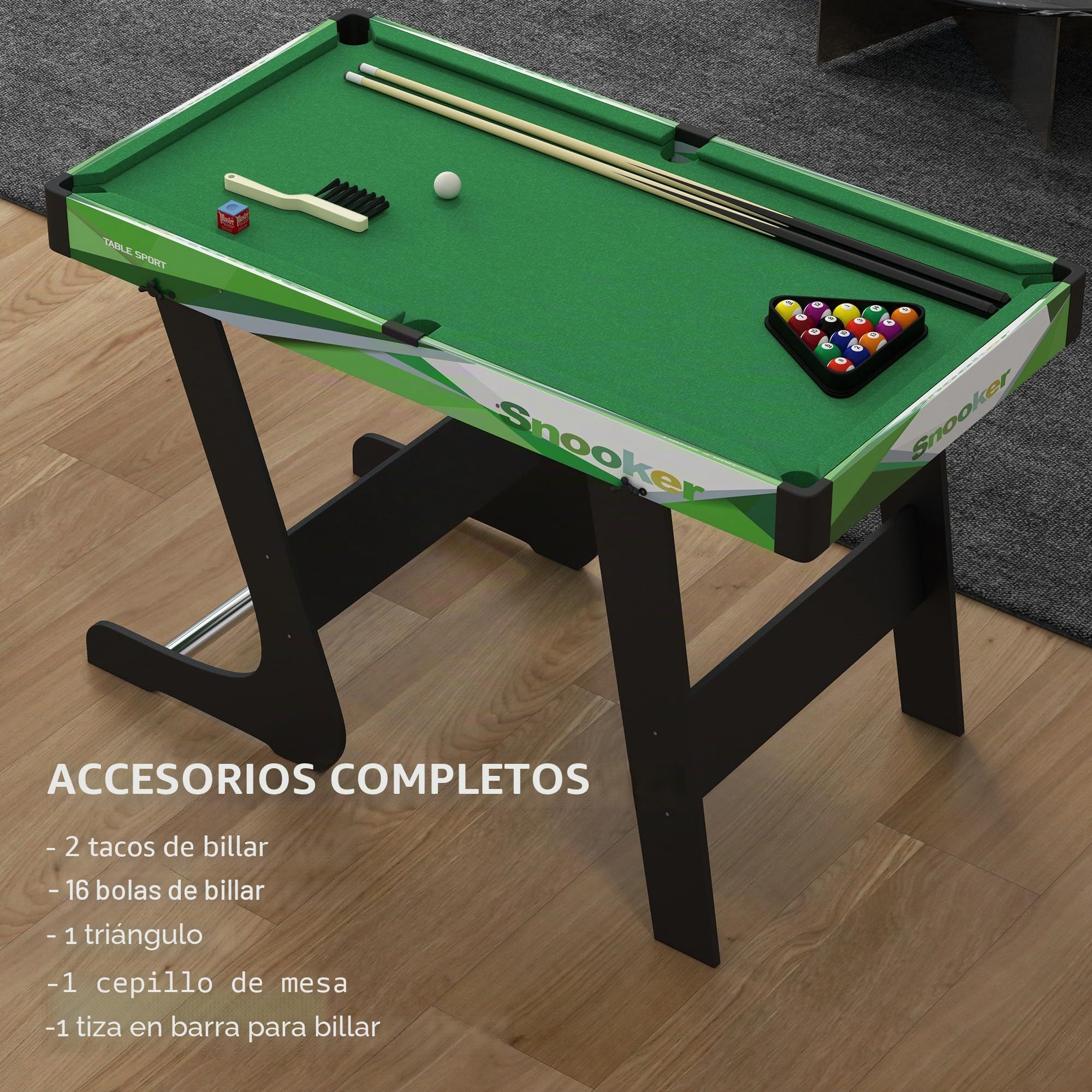 SPORTNOW Mesa de billar plegable americana compacta con accesorios, 16 bolas, 2 tacos, tiza, triángulo, 104 x 55,5 x 68 cm, tela verde