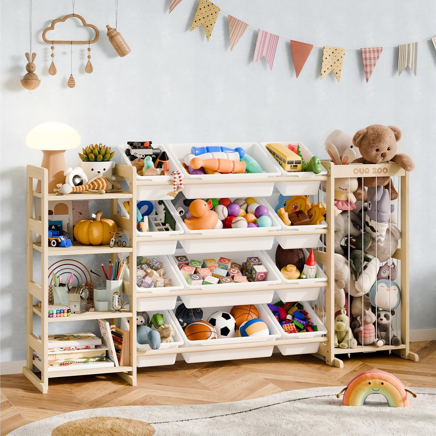 IKALIFE Large Kids Toy Storage Organizer with 12 Plastic Bins, 59 inch | Toy Organizers and Storage with Stuffed Animal Storage, Solid Wood Toy Shelf with 4-Tier Bookshelf for Kids Room, Playroom