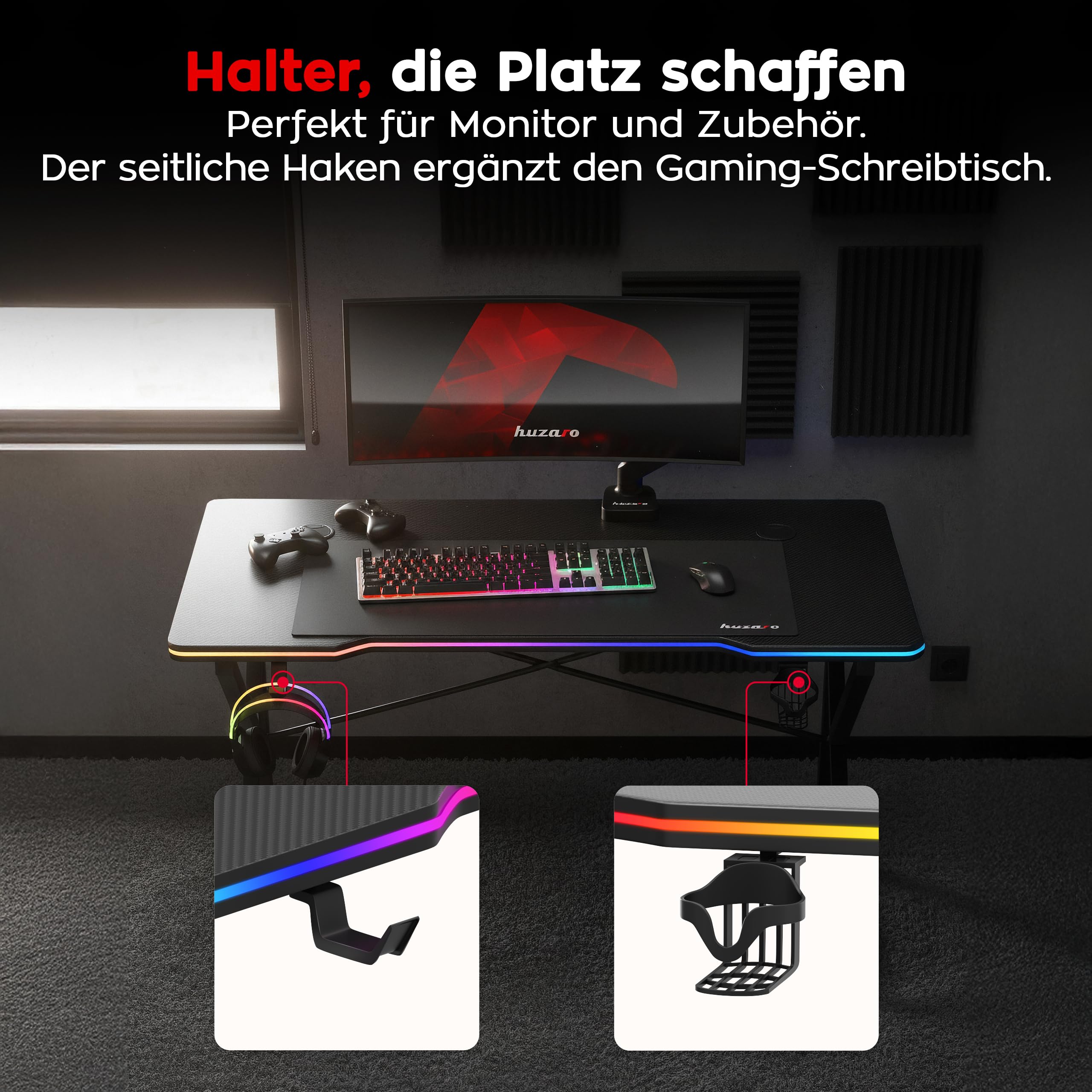 huzaro Hero 1.7 RGB Black, biurko gamingowe z oświetleniem LED, stolik pod komputer, 120 x 60 cm, hak na słuchawki, uchwyt na napoje, powierzchnia z włókna węglowego, przepust kablowy, metalowa