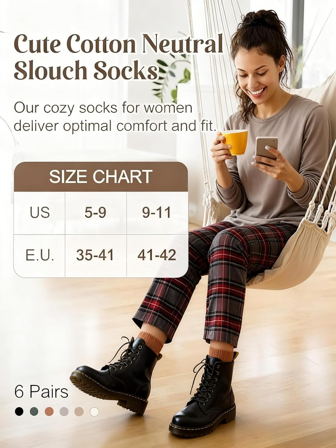YSense Women's Cotton Crew Socks 6 Pairs, Long Cute Aesthetic Neutral Athletic Boot Socks for Women Stocking Stuffers Gifts - Image 3