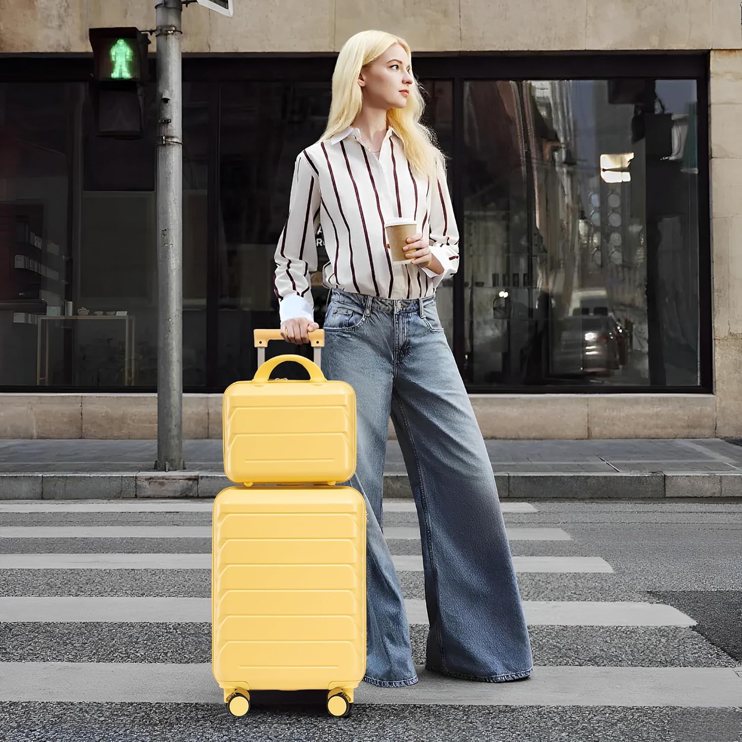 Merax Luggage,Lightweight Durable Carry On Suitcase Set with Spinner Wheels,2 Piece 20 Inch Luggage with 14 Inch Cosmetic Case for Travel,Yellow-1