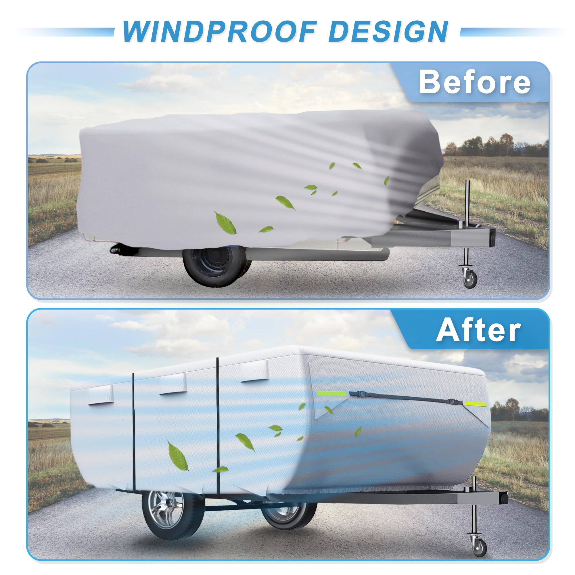 uxcell Housse de caravane pop-up imperméable pour camping-car de 3,6 à 4,3 m, anti-UV, avec 3 + 2 sangles et aérations de protection pour camping-car, argenté