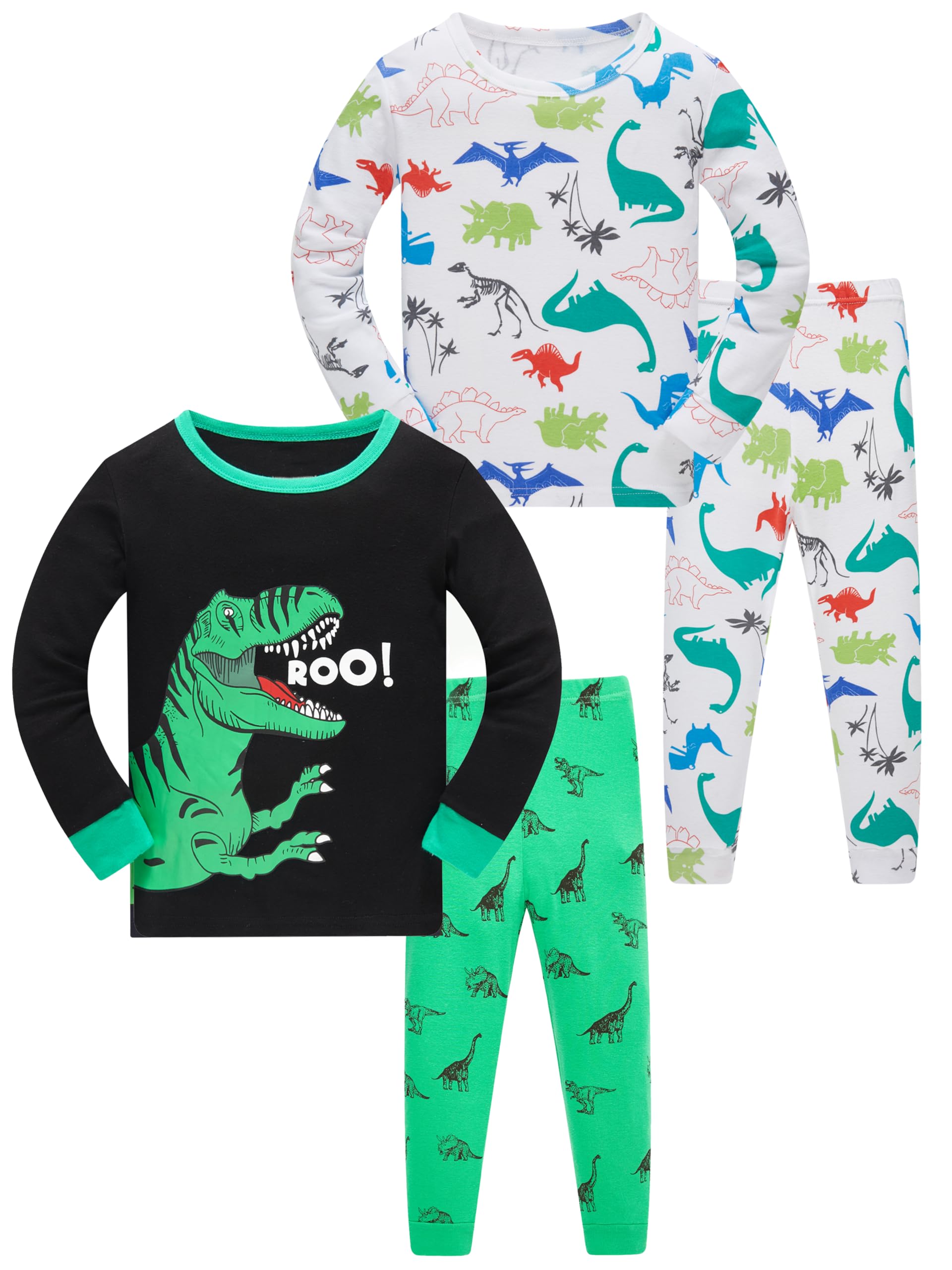 SOIBEEN Pyjamas für Jungen Dinosaurier Nachtwäsche Baumwolle Kleinkind Kleidung Kinder Nachtwäsche Langarm PJs Set 4-teiliges Outfit 1-12 Jahre