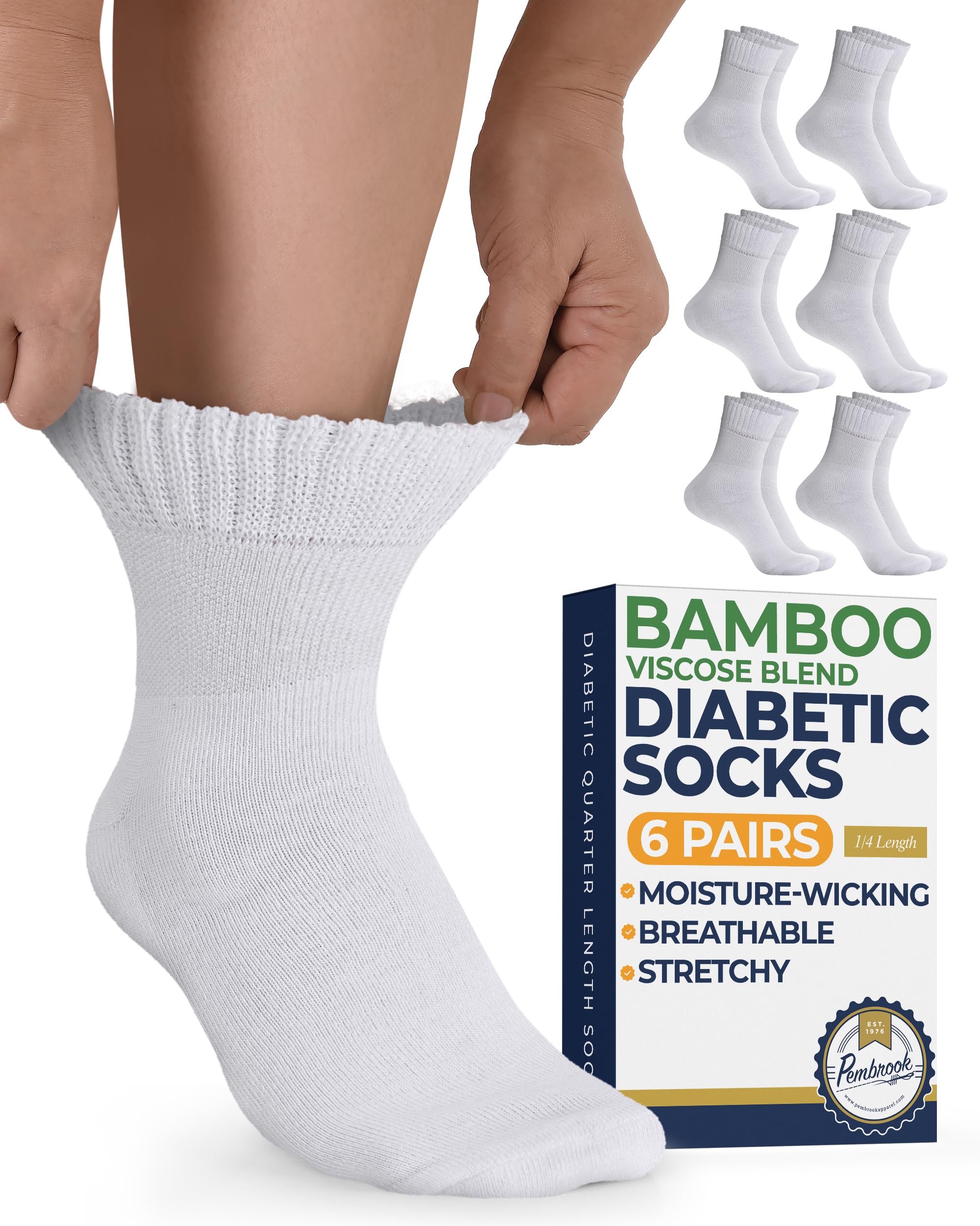 Pembrook Bamboo Viscose Diabetic Socks for Women & Men - 6 Pairs Ankle Socks for Swollen Feet | Neuropathy | Non-Binding | White