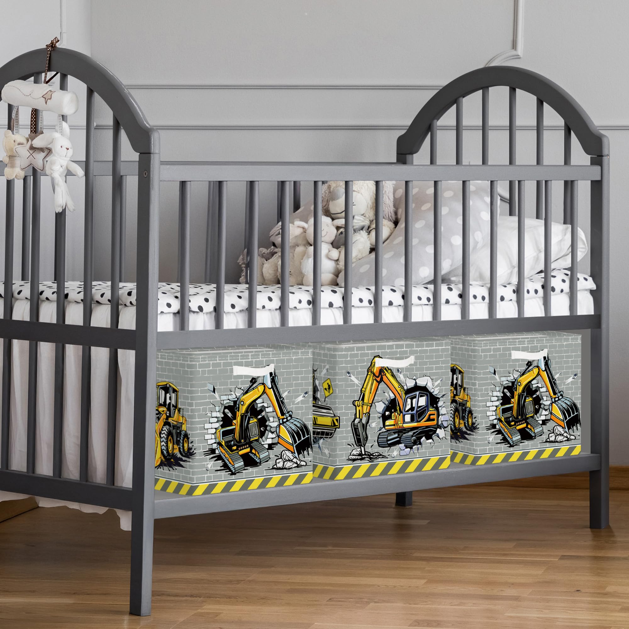 HUUMONSS 11.8" Construction Vehicles Storage Cube Organizer Set 3Pcs Clothes Storage Basket Bin for Home Cars Kid Room Book Toy Chest 3D Road Roller - Image 4