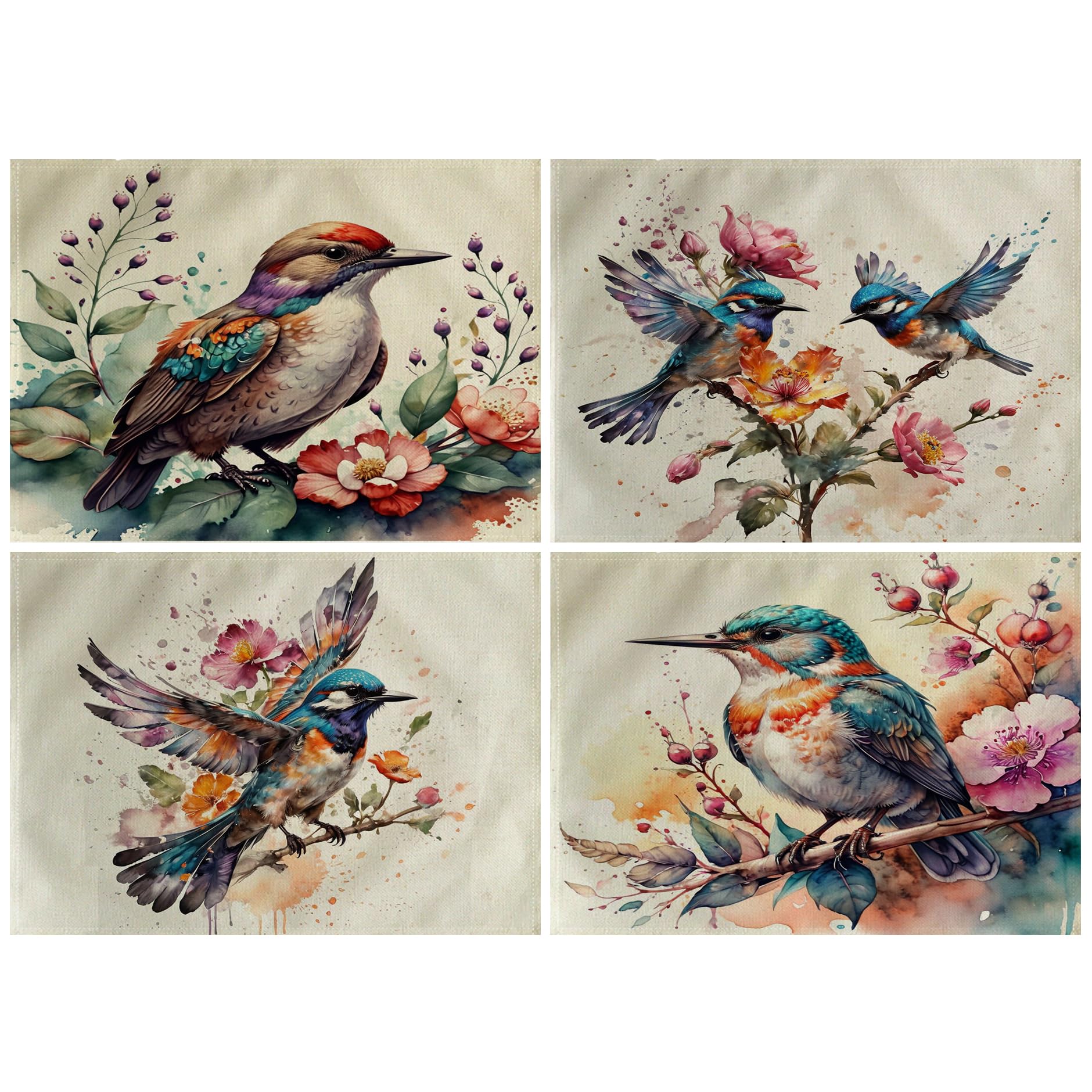 Watercolor Painting Birds Table Mats Set of 4 Spring Topical Flowers Placemats Waterproof Heat Resistant Washable Non-Slip Place Mats for Dinner Room