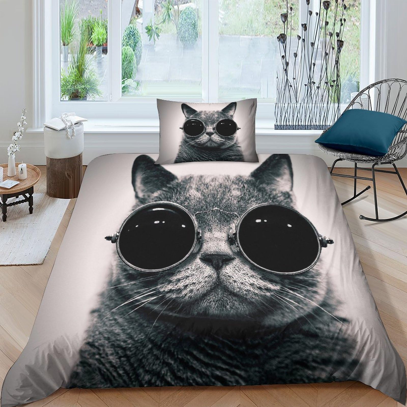 Parure de lit chat lunettes microfifre 135x200 housse de couette 3 pcs