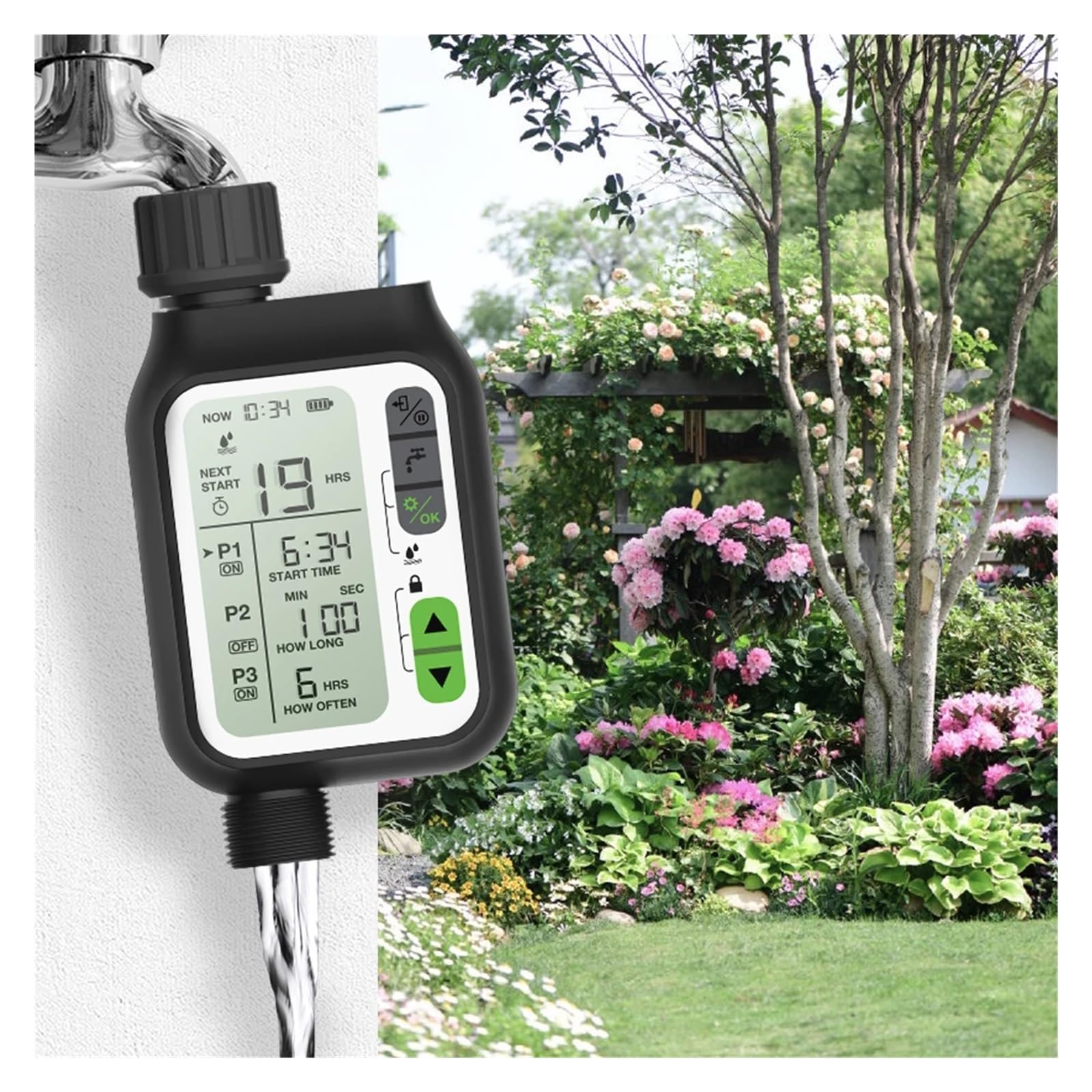 Progettazione professionale di irrigatori da giardino esterni con sensore di acqua piovana, timer elettronico for l'irrigazione domestica(POP3-HCT-355-BS)