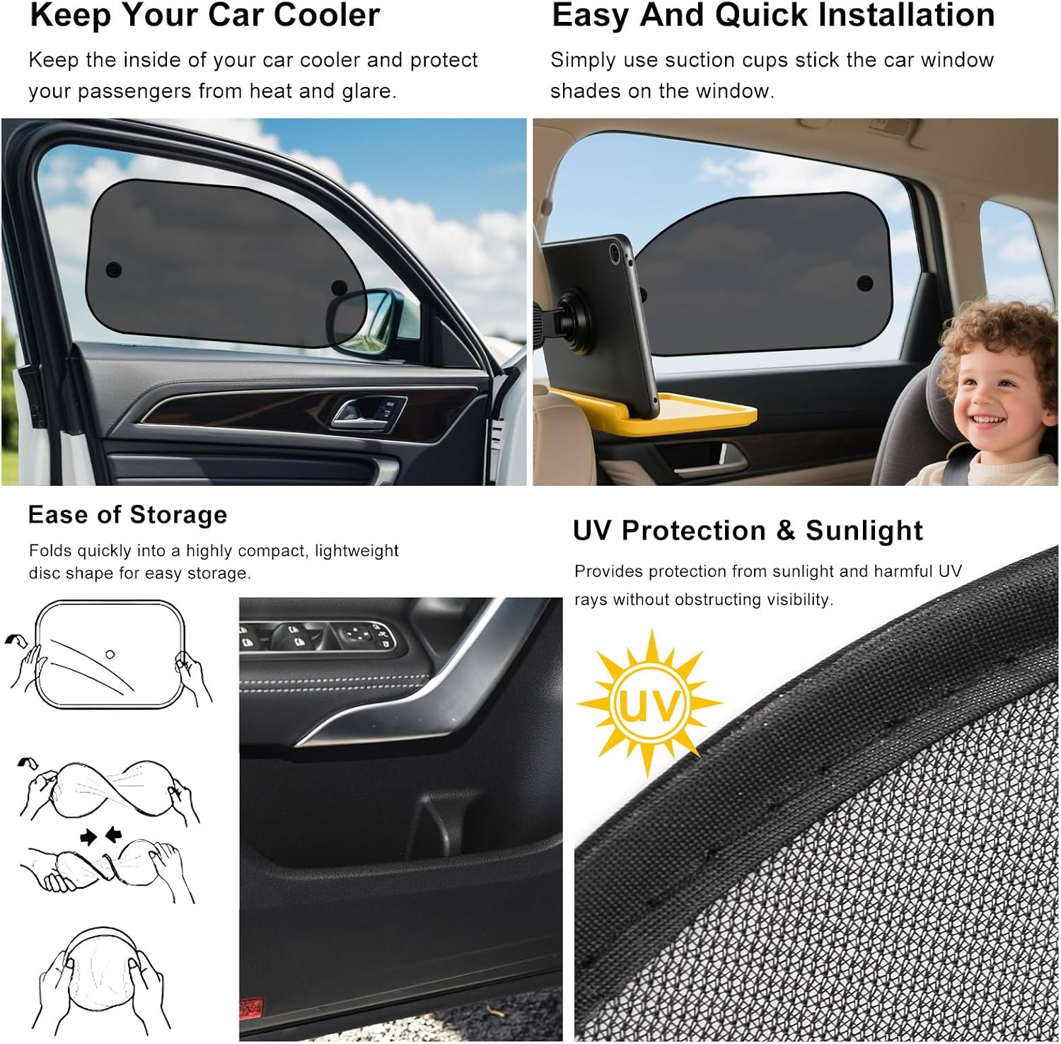 2 PCS Universal Car Window Shade, UV Rays Protection Automotive Sun Shades with Suction Cups, Rear Side Window Sunshade Heat & Glare Blocker for Sedans Trucks SUVs (with Hole)
