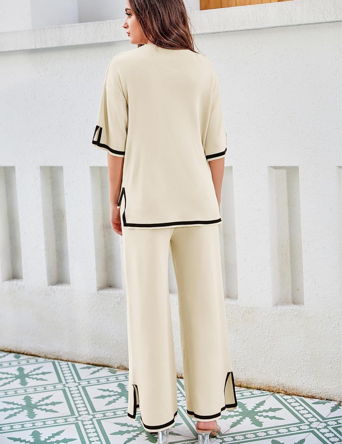 Tanming Sweater Sets Women 2 Piece Lounge Sets Short Sleeve Knit Pullover Tops Wide Leg Pants - Image 6