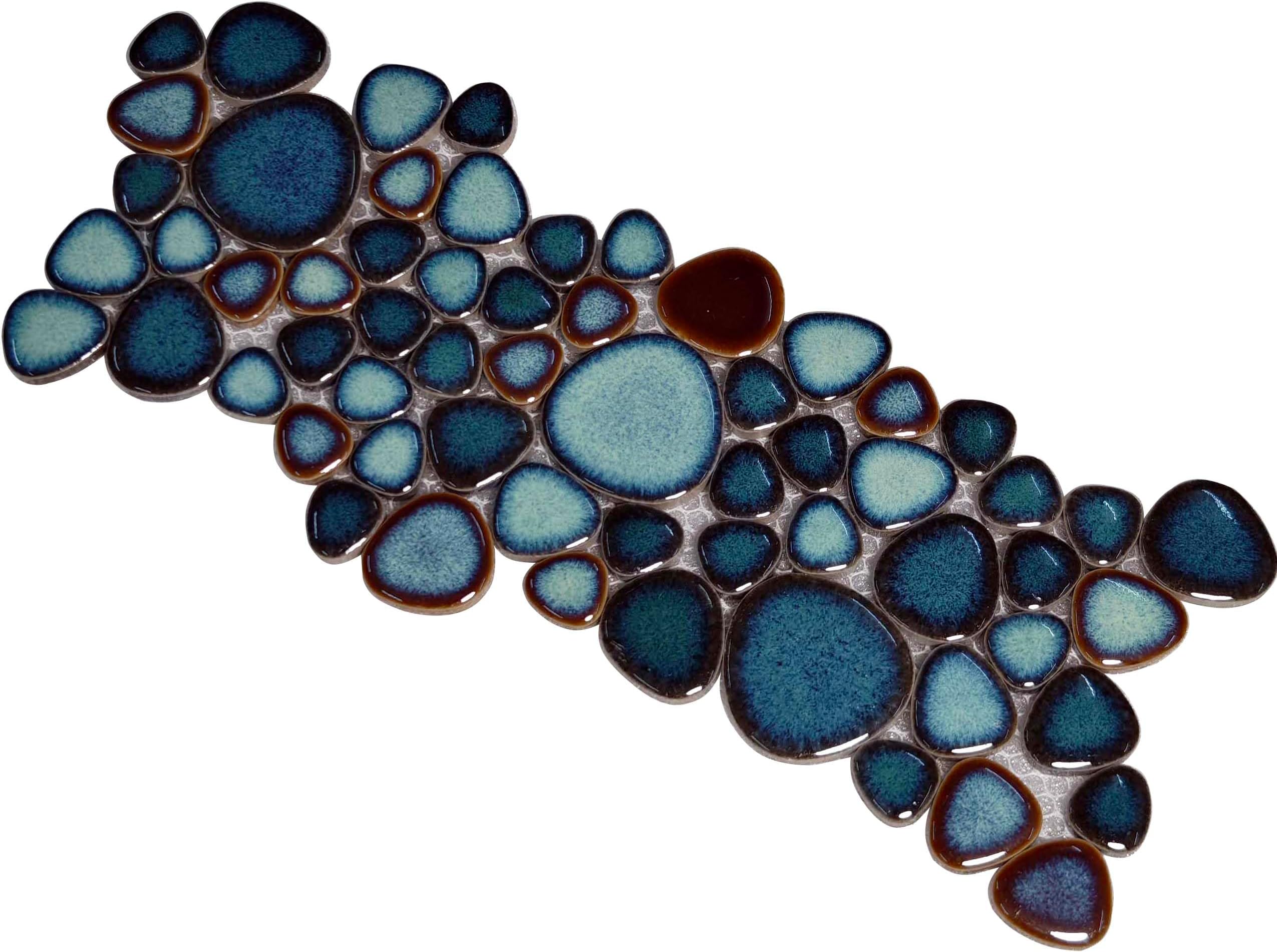 Hominter Artisan Pebble Mosaic Tile Sheet Irregular Blue Green Stone-Look Waterproof Ceramic Shower Floor & Wall Tiles, Kitchen Bath Backsplash and Pool Tiles (3x12 Sample)