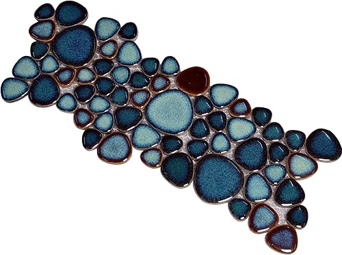 Hominter Azulejo entrelazado de guijarros de porcelana azul turquesa azul aguamarina montado en malla de 12 x 12 pulgadas, azulejos de cerámica