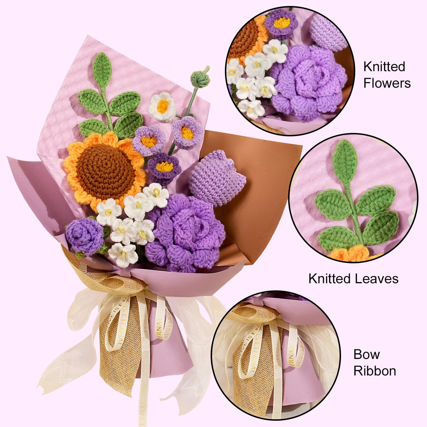 Crochet Flower Bouquet - Crochet Sunflowers, Roses, Tulips, Knitted Flowers for Mother's Day, Graduation, Birthday, Home Décor, Gifts for Mom, Teacher, Friend, Purple