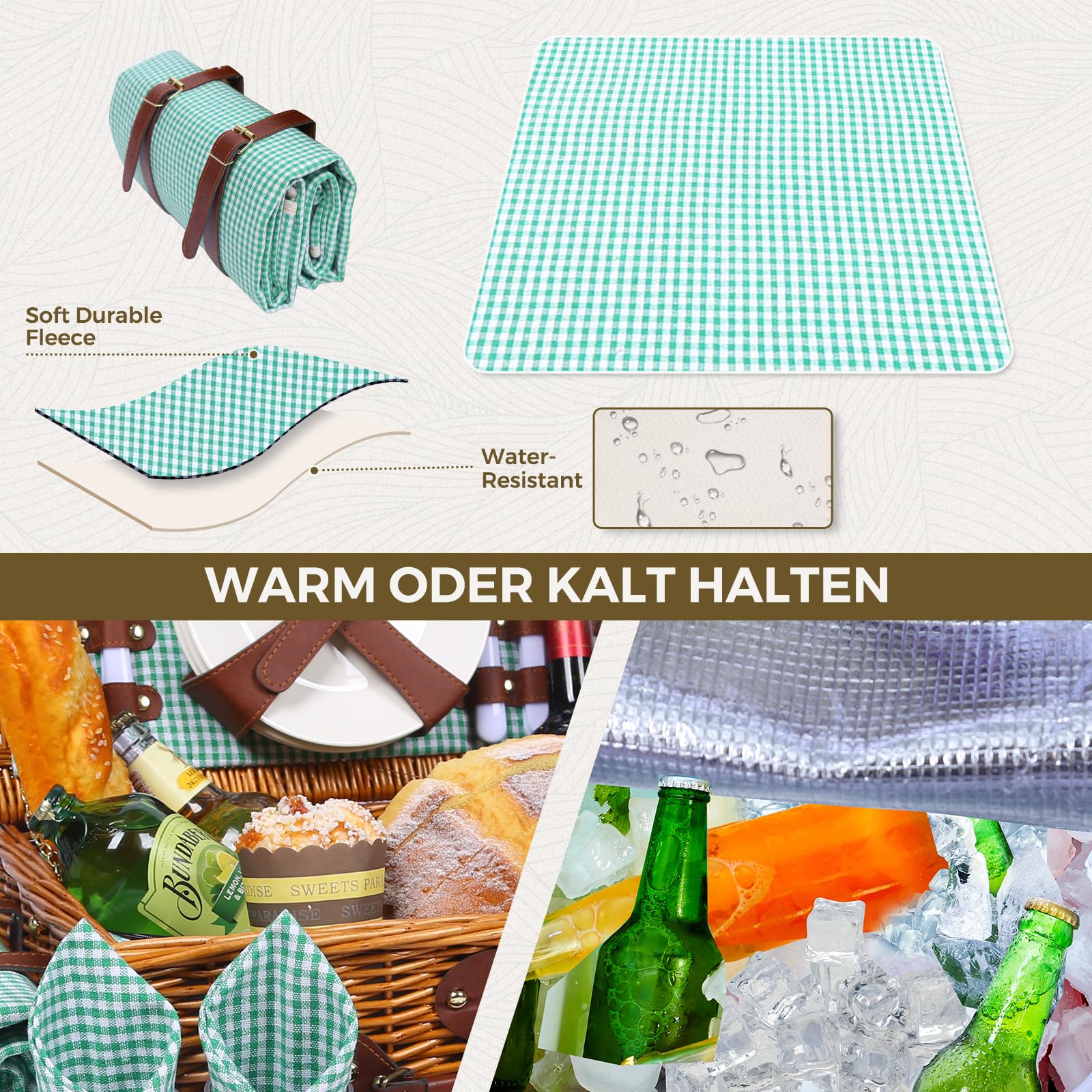 Juego de cesta de picnic para 4 personas con compartimento refrigerador y manta de picnic impermeable, correa extraíble, bolsa de vino, juego de cubiertos, para camping, playa, senderismo,