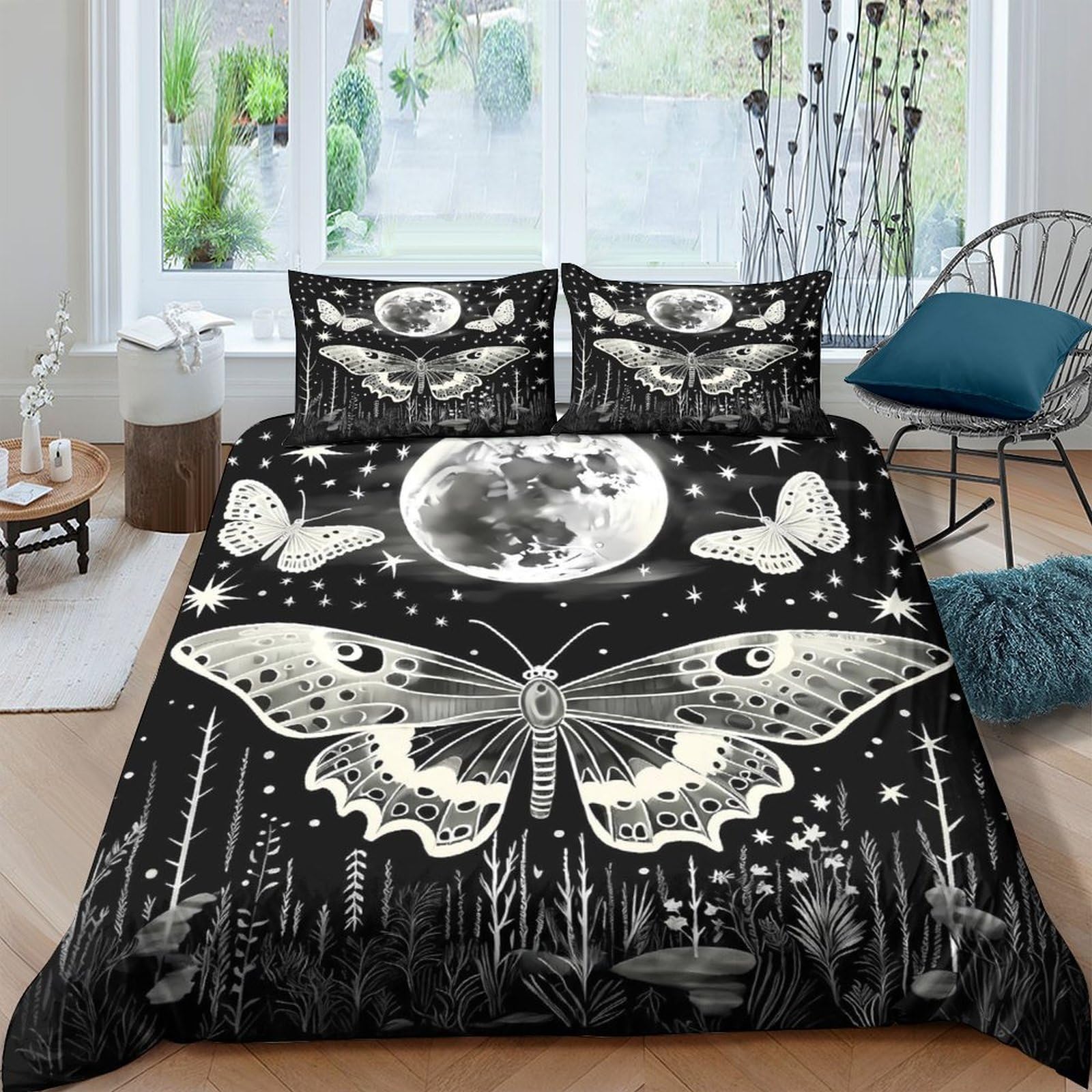 Ctjqhvkz Style-9 3D Printed Moon Butterfly Fitted Sheet Microfiber Black White Mattress Cover Bedroom Dorm Decoration Easy Care Single（135X200cm）