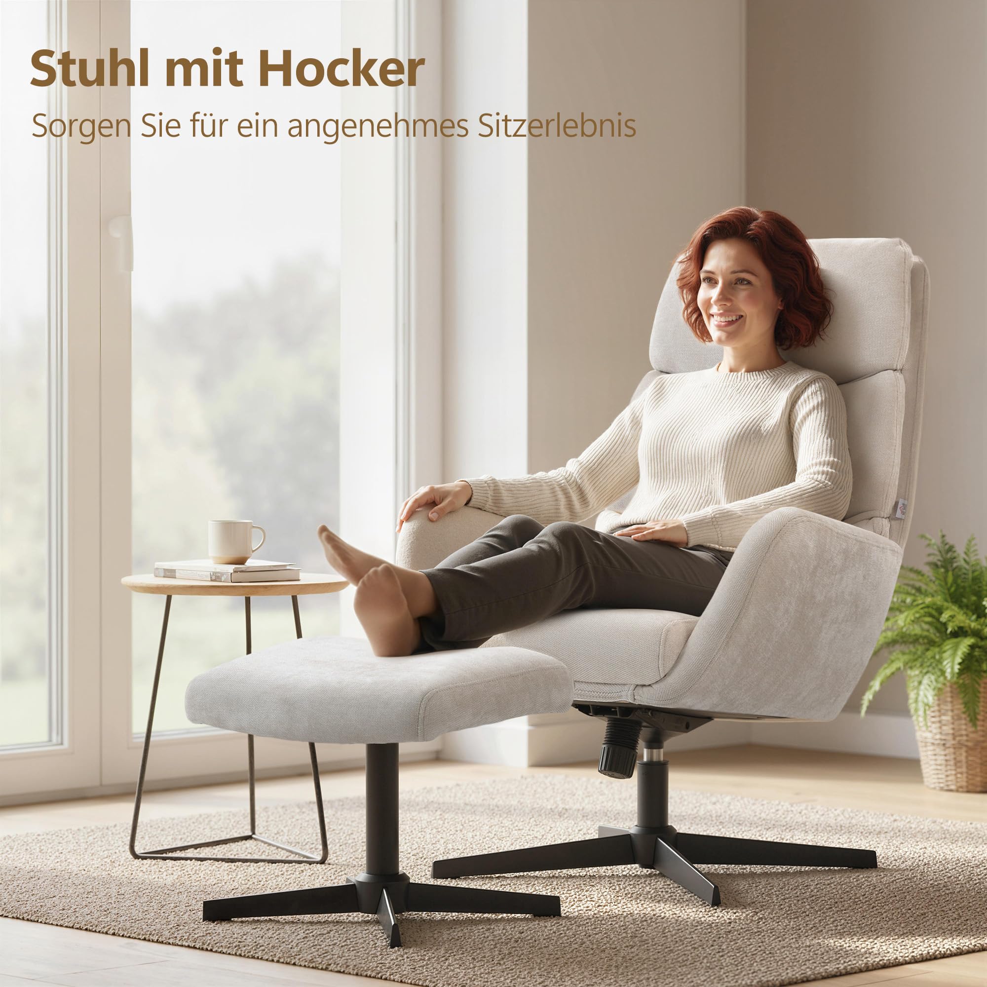 HOMCOM Relaxsessel mit Hocker mit Hoher Rückenlehne Wippfunktion Beige