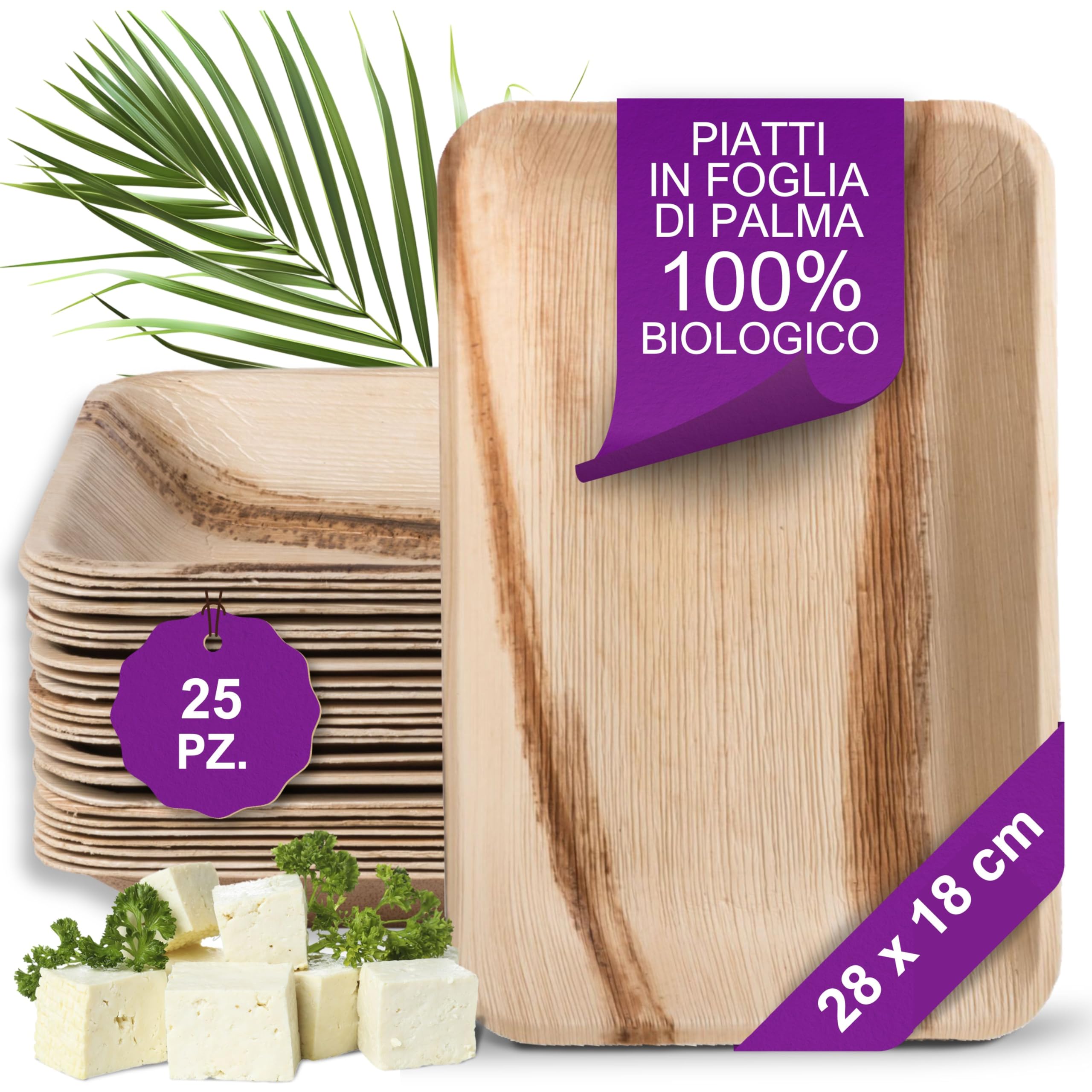 Piatti in Foglia di Palma Ecologici - 25 Pz Rettangolari 28x18 cm - Stoviglie usa e getta Biodegradabili Eleganti - Leggeri e Resistenti - Naturali e Compostabili - Simile al Bamboo e Legno